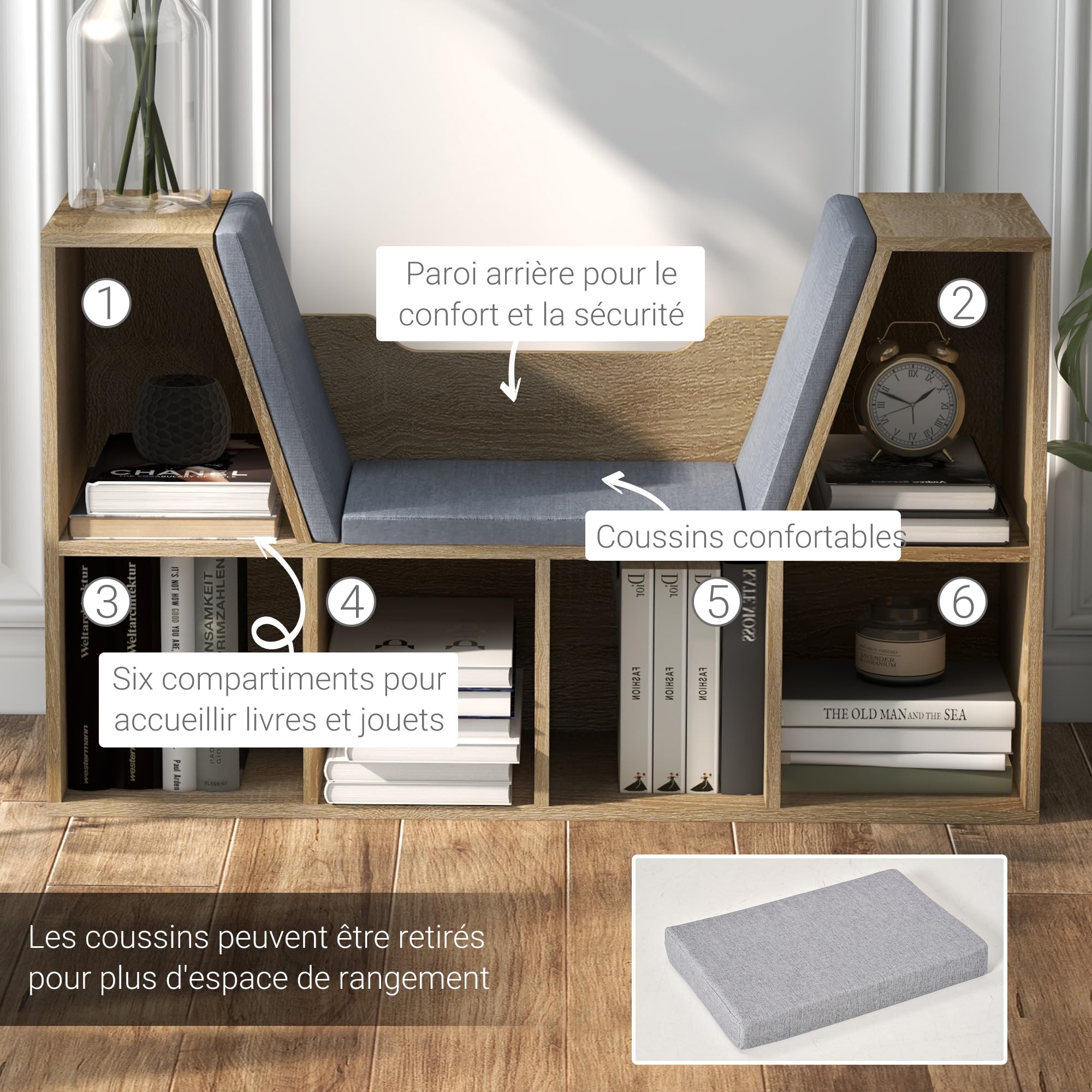 HOMCOM Bibliothèque Banc 2 en 1 avec Coussins de siège, étagère Cube 6 Compartiments Ouverts et 2 Niveaux, Meuble de Rangement pour Salon, Chambre à Coucher, Bureau, 102 x 30 x 61 cm, chêne