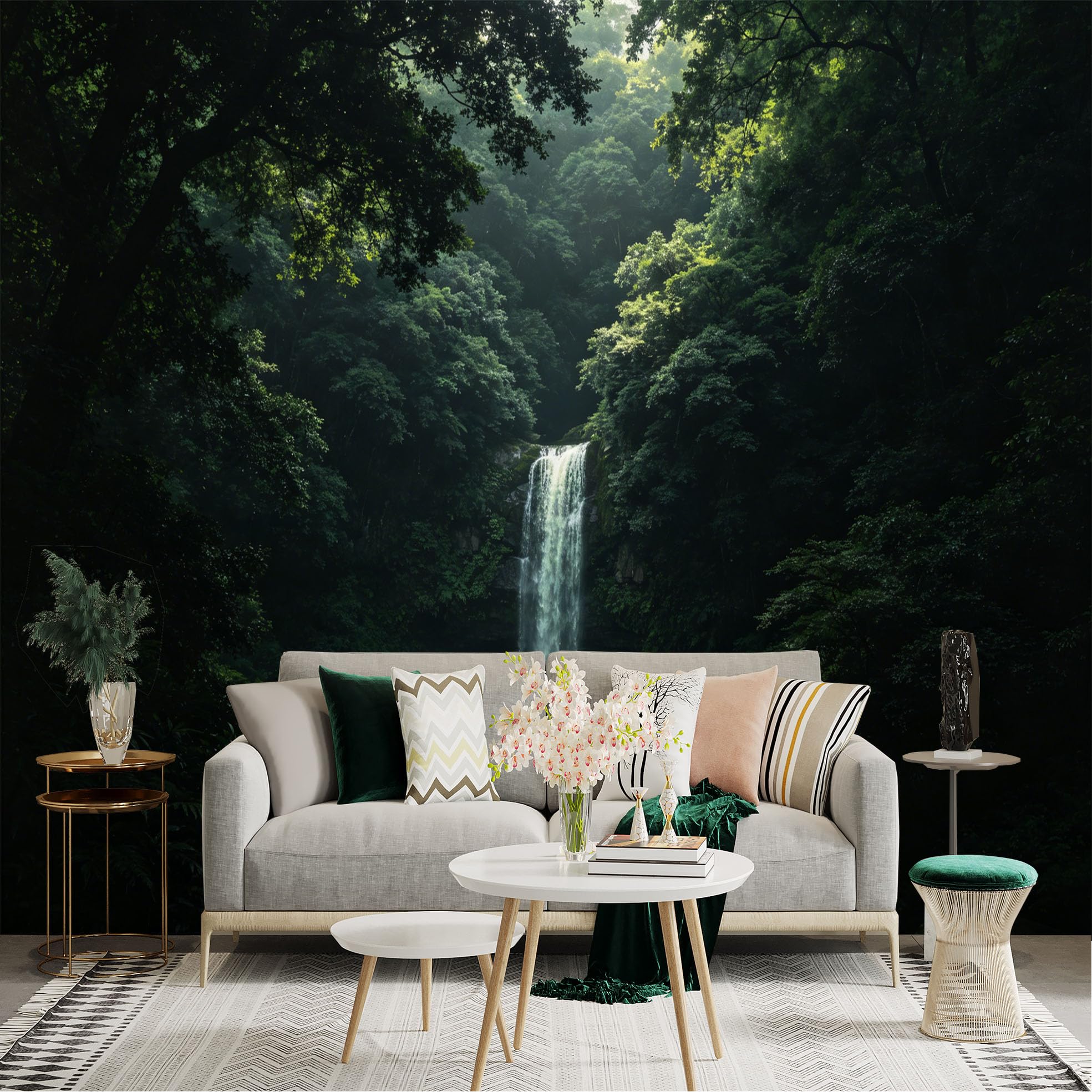 Lnzczhyre Dbh260521078 Custom Size Wall Sticker Mural， Deep Forest Waterfall， Lush Tropical Jungle， Serene Nature Landscape， Mossy Rocks， For Wall Decoration， Peelandstick Wall Decals.