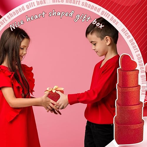 Miniatura 5 de Fulmoon 10 cajas de regalo con purpurina para el día de la madre, juego de 5 tamaños surtidos, cajas apilables de corazón con purpurina roja con