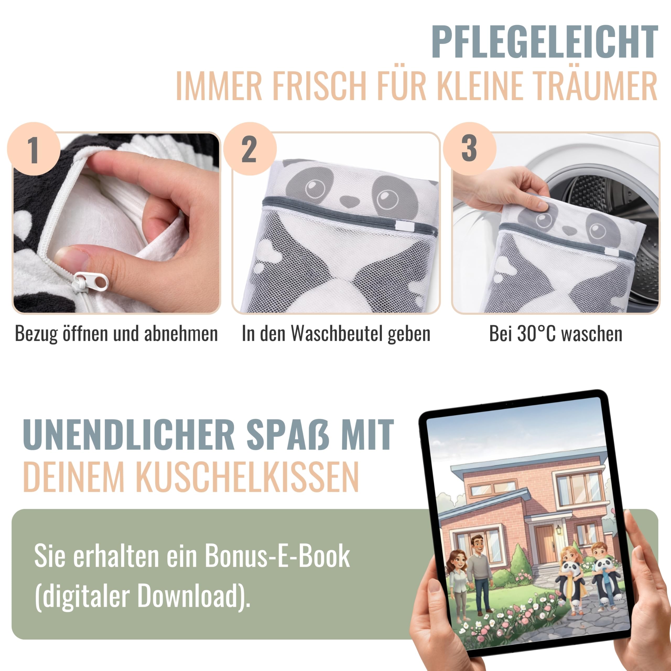Panda Pillow Kissen Kinder 118x56cm – Seitenschläferkissen für Kinder | Kinderkissen I Schlafkissen, Bettschlange, Lesekissen & Kuschelkissen mit Wäschesack & E-Book Geschenke