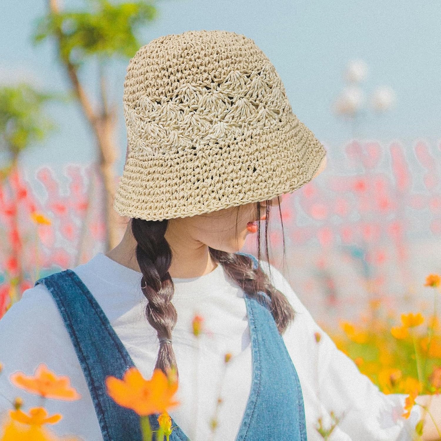 Womens Bucket Hat, Floppy Straw Sun Hat Woven Beach Cap - Image 4