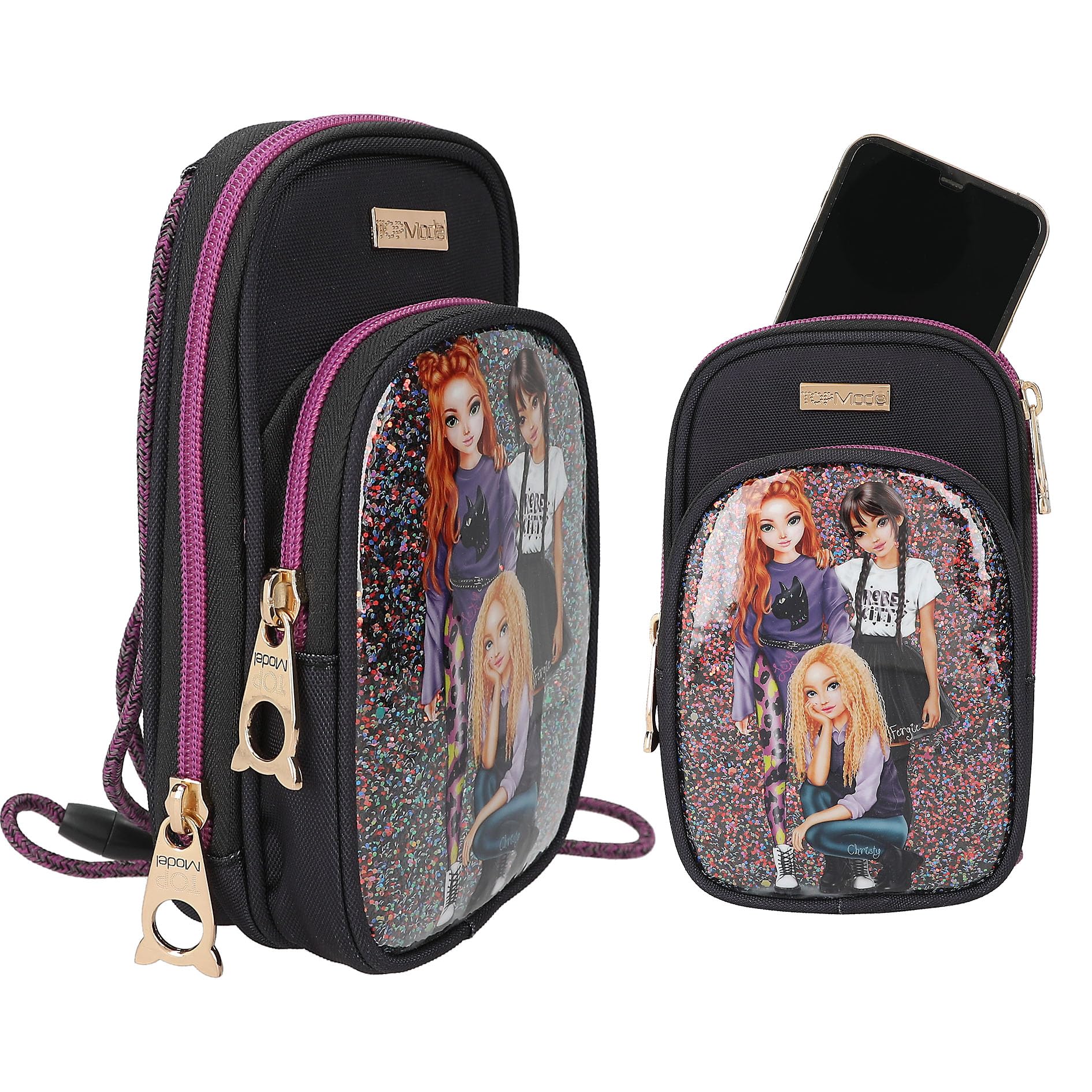 Depesche 13020 TOPModel Rebel Kitty - Gevuld 3-voudig etui met luipaardvacht in paars-zwart en kattenoren, etui met kleurpotloden, liniaal, schaar enz