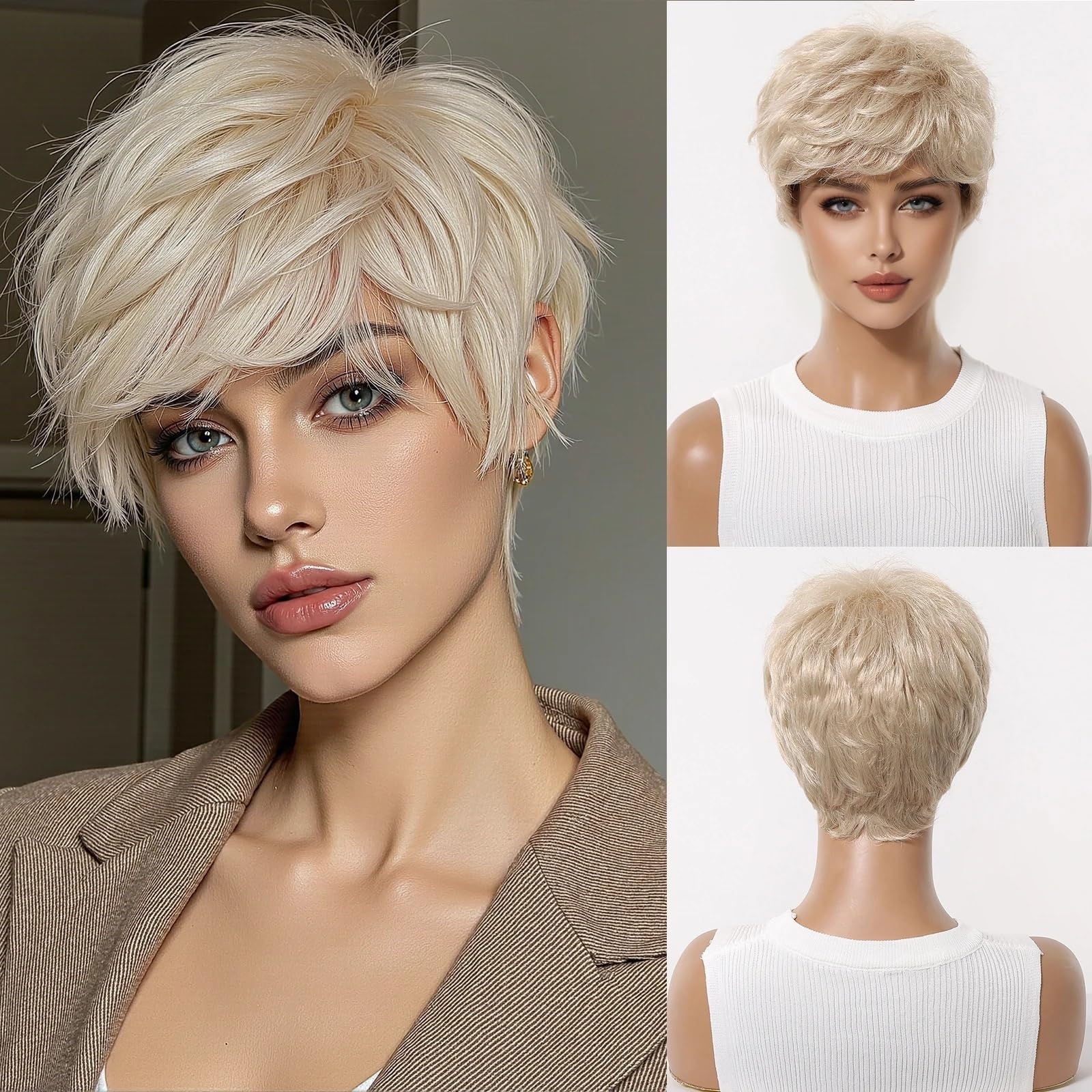 Parrucca Per Donna Parrucche sintetiche corte bionde a strati soffici naturali