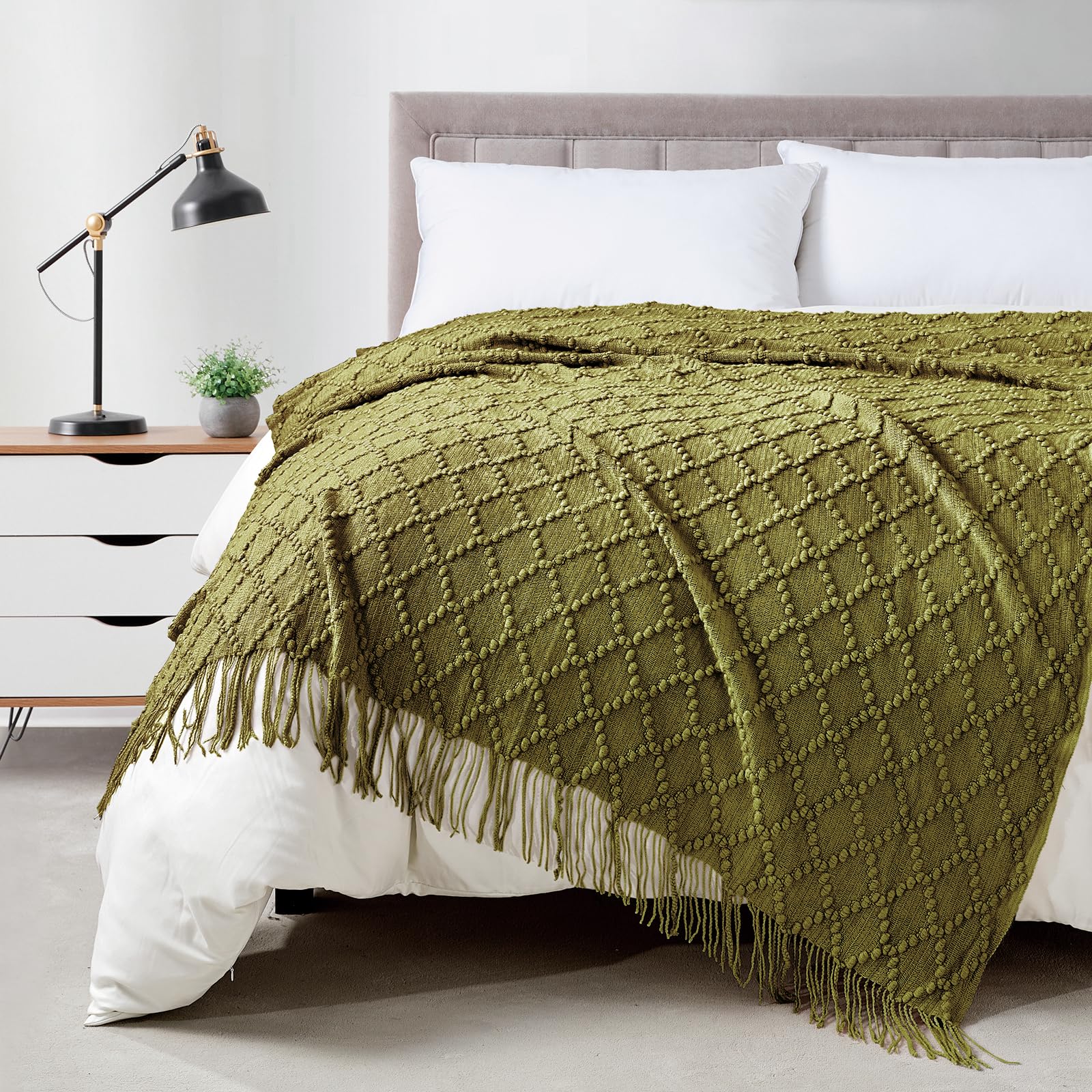 BOURINA Throw Blanket Textured Solid Soft Throws and Blankets for Sofa or Bed Knitted Decorative Blanket 127x178cm Olive