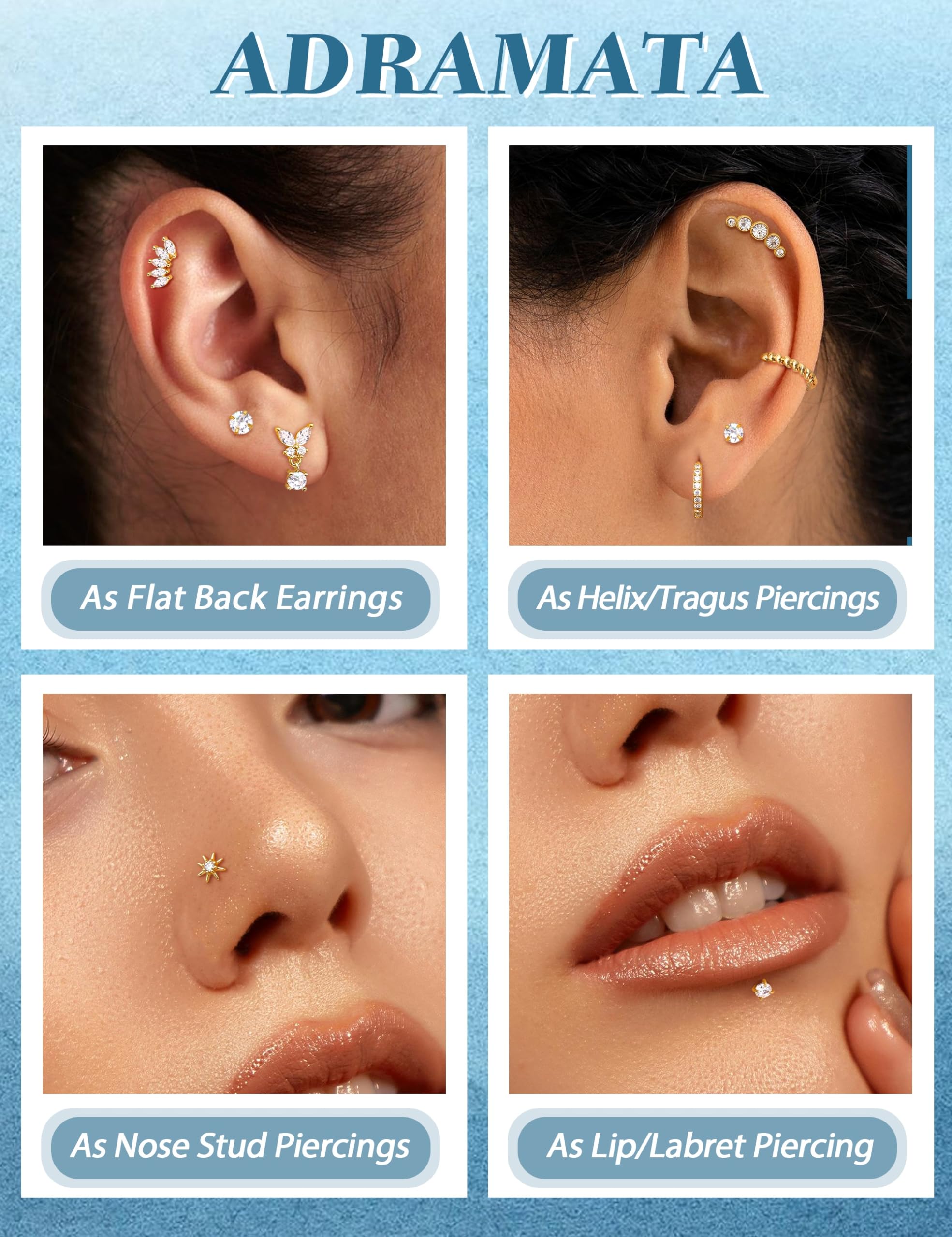 QHQQXN Biżuteria do piercingu Helix Zestaw do przekłuwania tragusa ze stali chirurgicznej Bezgwintowy wciskany płaski tył Labret Kolczyki do nosa Kolczyki na chrząstkę Obręcze Srebrna złota muszla