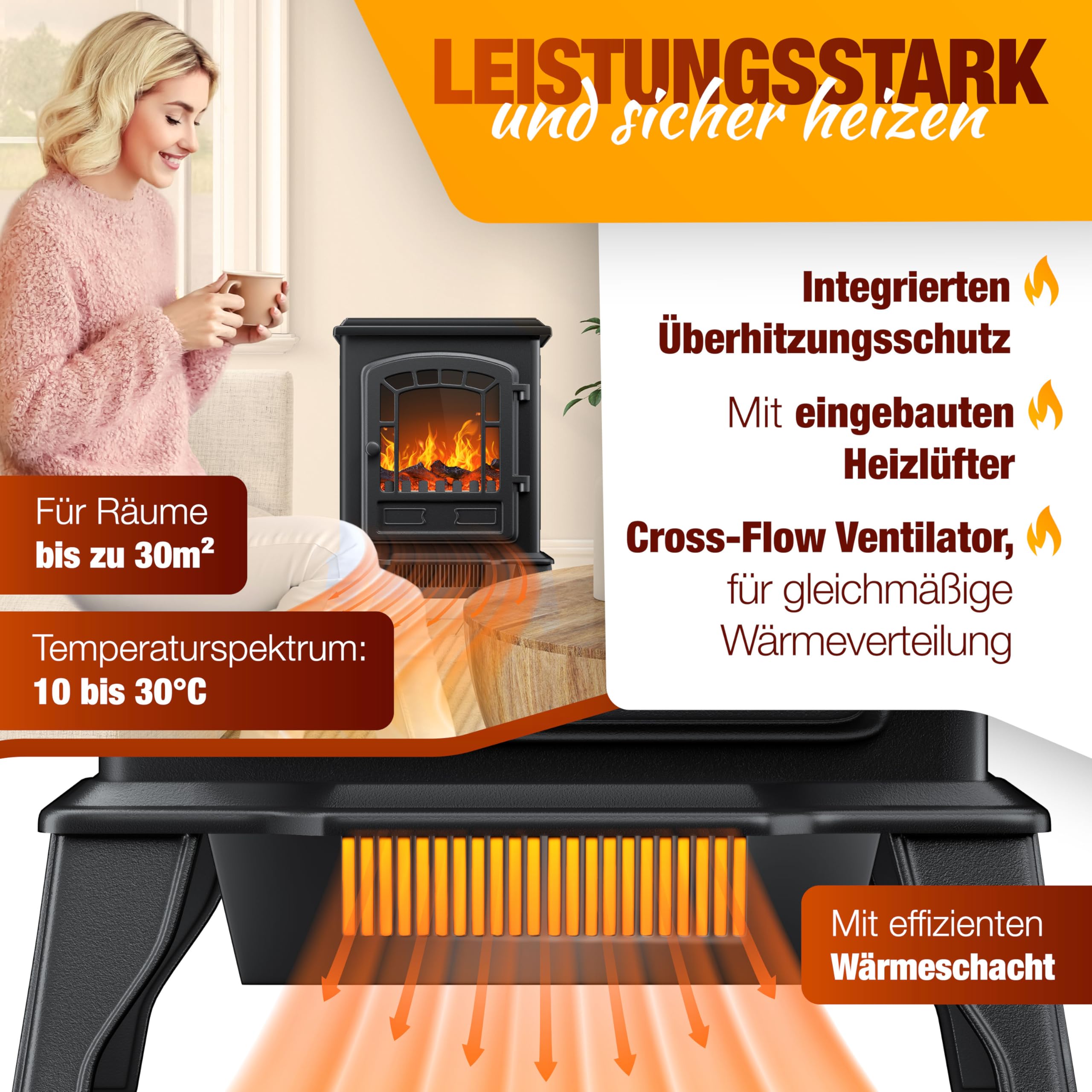 Kominek elektryczny KESSER® z termowentylatorem, kominek elektryczny 2000 W, ogrzewanie elektryczne LED efekt kominka, kominek, efekt płomienia, grzałka, piecyk, cichy, regulowany, czarny
