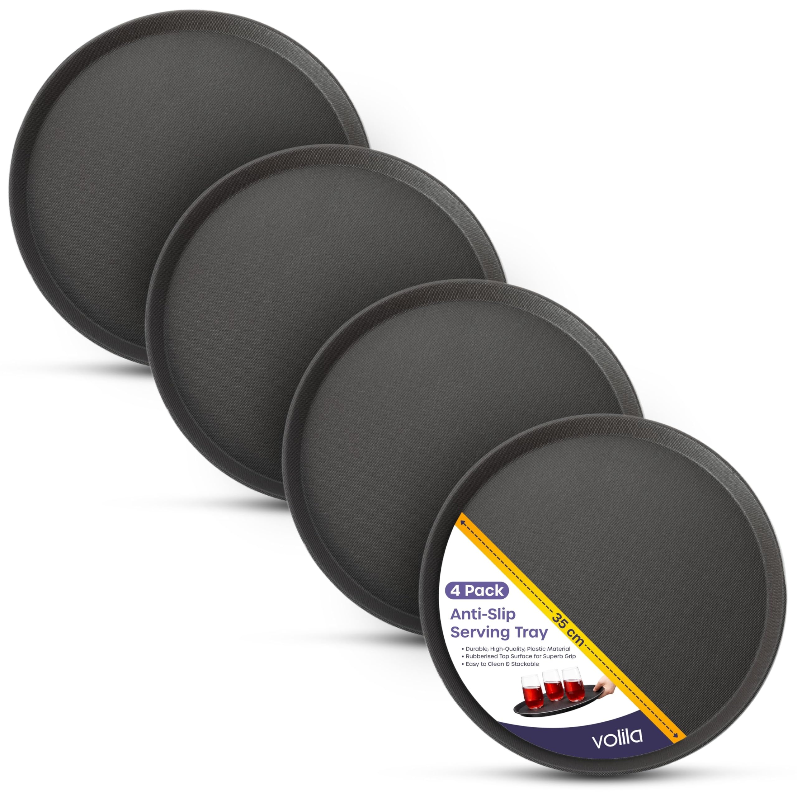 Volila Black 35Cm Tray - 4 Pack Black Round Tray - 35Cm (4 Pack) Rubberized Round Trays For Food Serving And Drinks - Dishwasher Safe Non Slip Tray For Parties, Gatherings, Bars, Restaurants, And Home Use