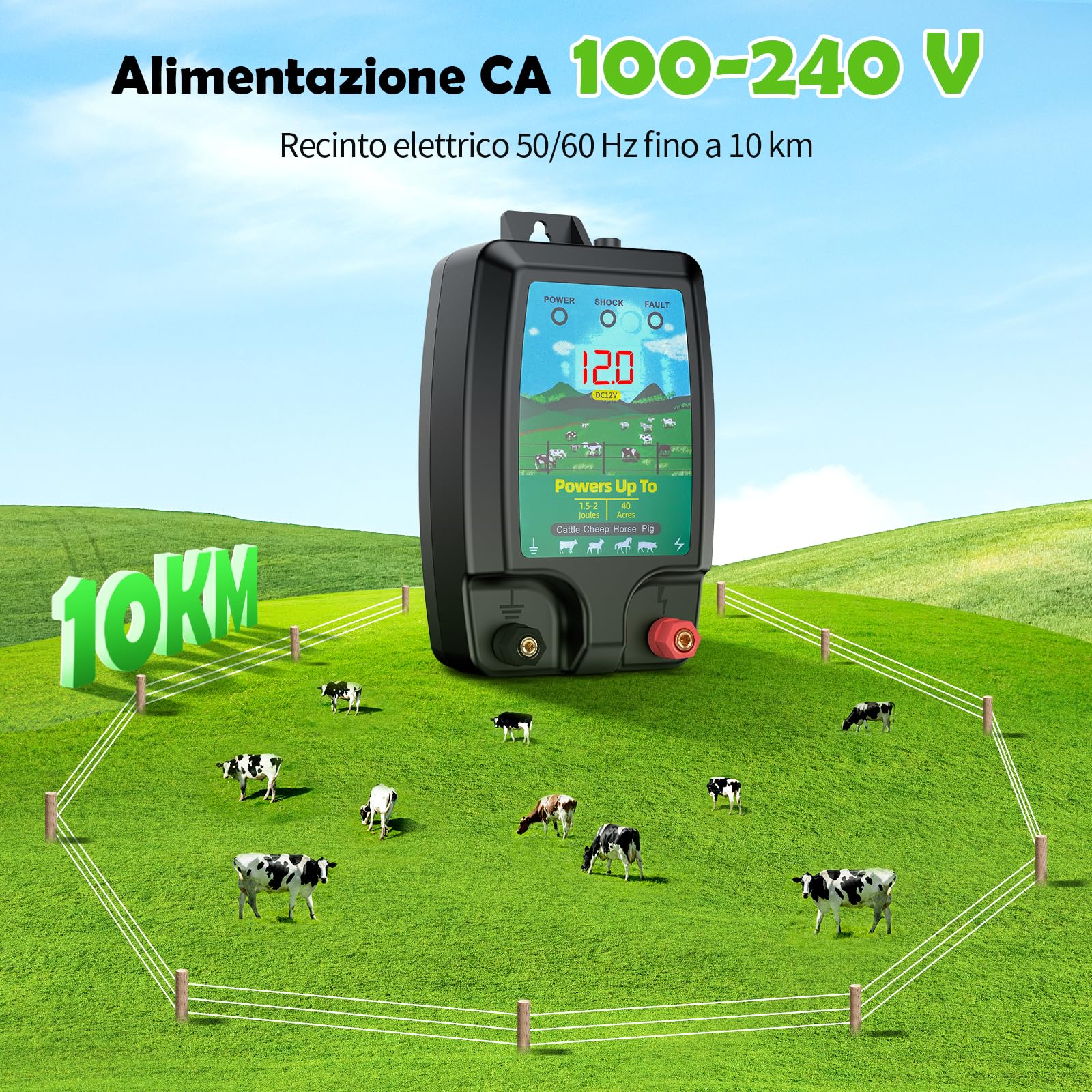Recinzione elettrica 10 KM ad alta potenza per animali - Elettrificatore professionale 2J con display LCD - Sistema impermeabile resistente per fattoria, giardino e pascolo