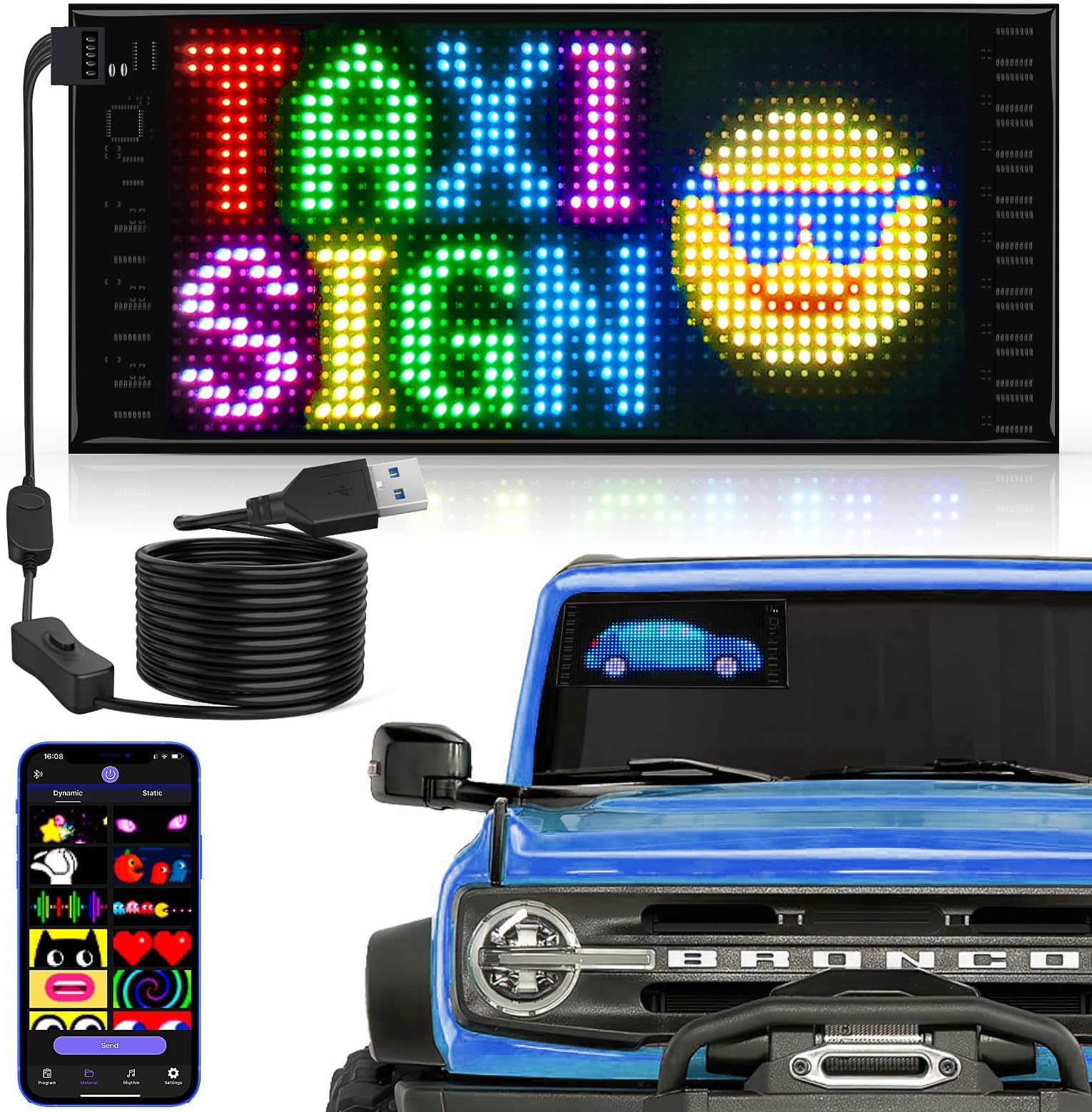 RAYHOME Full Color Dual Row LED Light Sign for Car, 10.6''x4.7'' Scrolling LED Signs Flexible 5V/2A Bluetooth APP Control LED Car Sign Custom Text Message Pattern Programmable LED Display