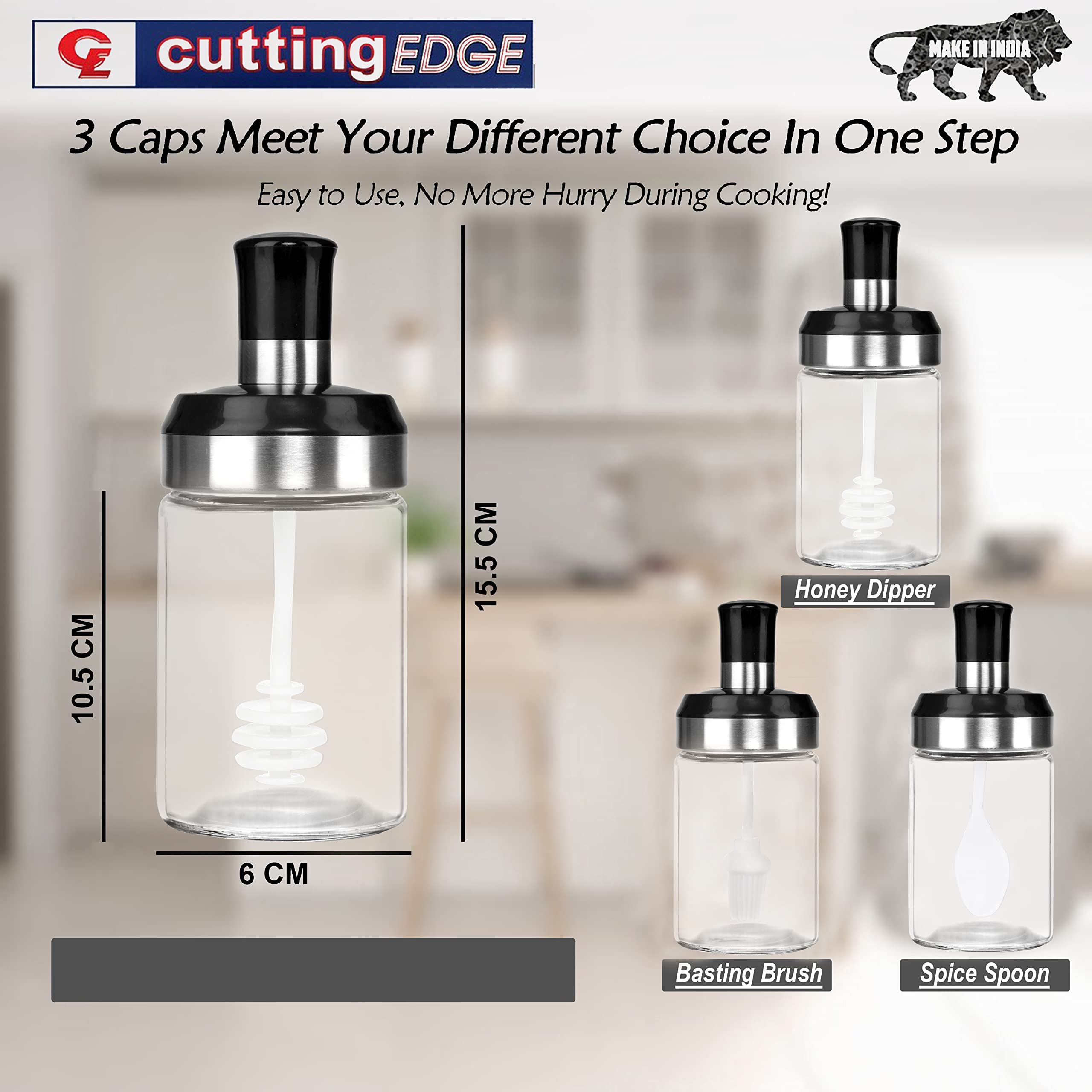 Cutting EDGE Borosilicate Glass Containers for Sauce, Honey, Ghee, Chutney Jar with Dipper for Dinning Table, Kitchen and Restaurant, Set of 3, 250ML 4