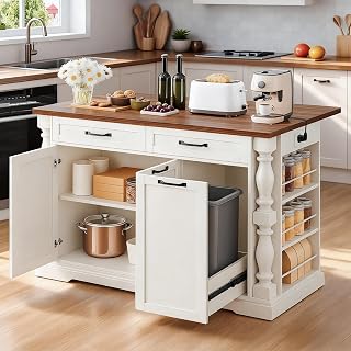 YITAHOME 47.6 inch Rolling Kitchen Island with Drop Leaf & Power Outlet, Mobile Storage Islands with Pull-Out Trash Can Cabinet, Roman Columns Design Butcher Block Cart for Dining Room, Antique White