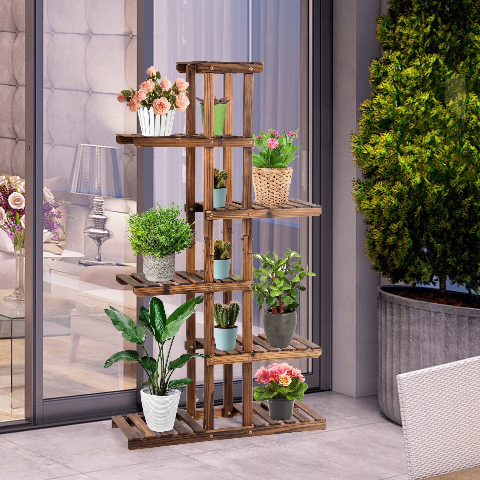 GYMAX Scaffale Porta Piante In Legno Massello 5 Ripiani – 113x27x114cm – Uso Interno/Esterno - 6