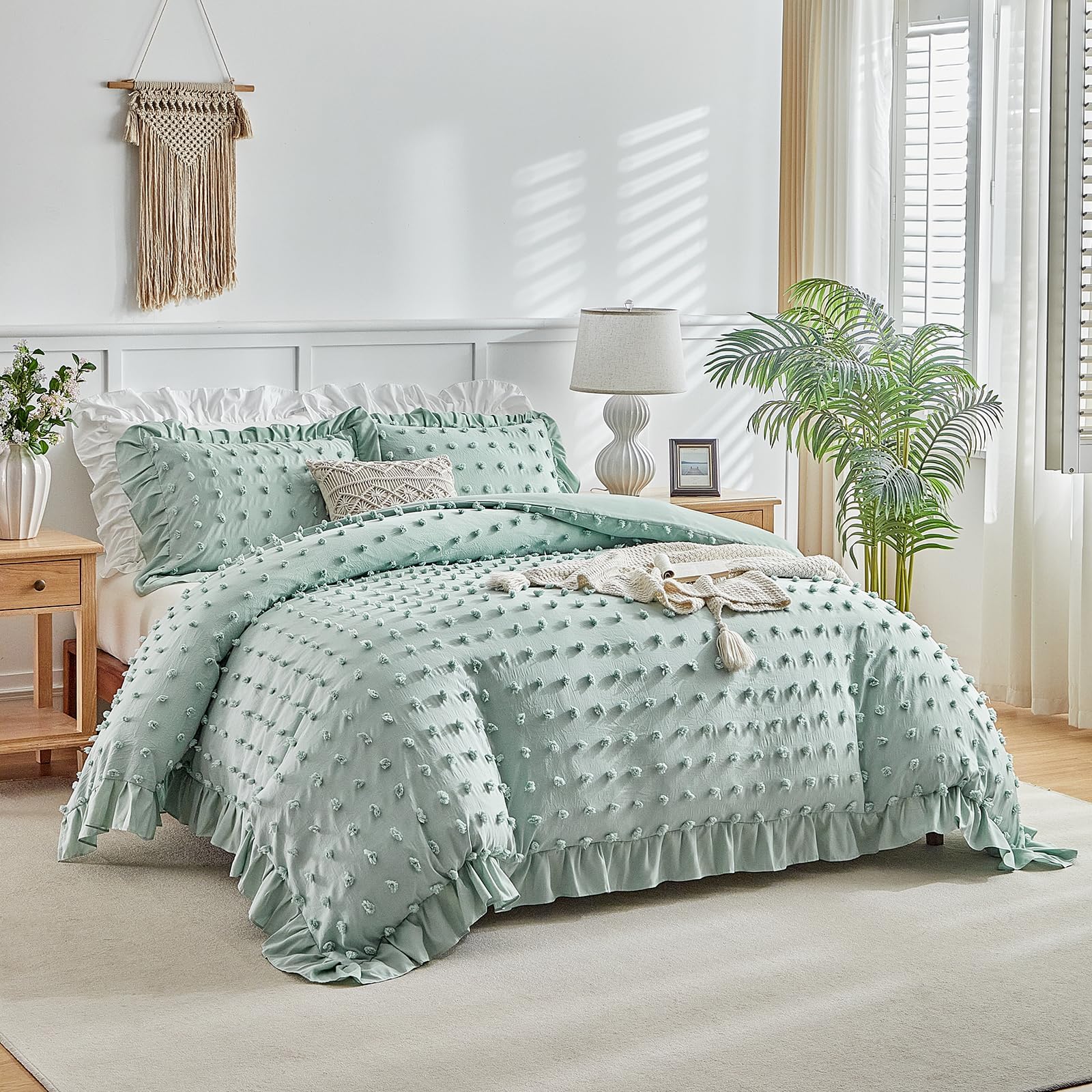 Flysheep Tufted Dots Ruffle Duvet Cover Set Queen Size, 3 Pieces Vintage Farmhouse Shabby Chic Ruffled Duvet Cover with Zipper Closure, Luxury Jacquard Boho Bohemian Bedding Set (Sage Green, Queen)