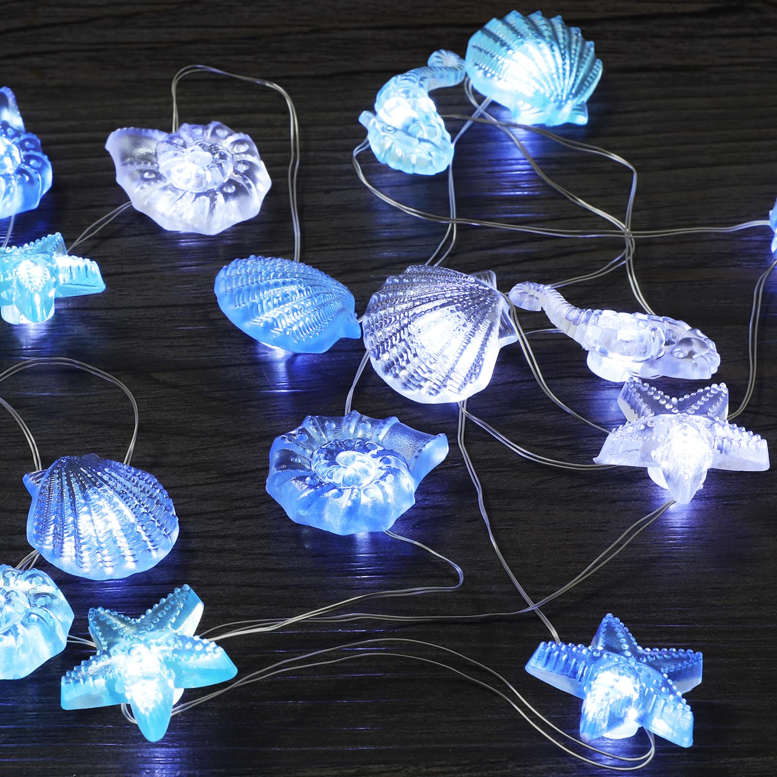 Artrastar Lichterkette Meerestiere 2.5M 20LED Maritim Deko für Kinderzimmer Fenster Garten Hochzeit Party Seepferdchen Seestern Muschel Schnecke Batterie mit Timer Innen Außen（Blau）