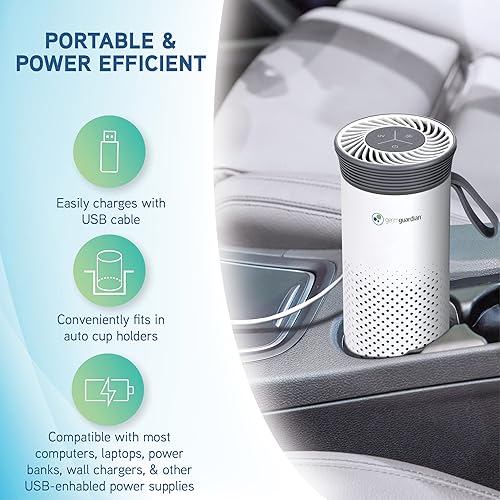 Miniatura 3 de GermGuardian Purificador de aire de alérgenos portátil para espacios pequeños con cable USB, captura polvo, polen, esporas de moho, luz UV-C ayuda a