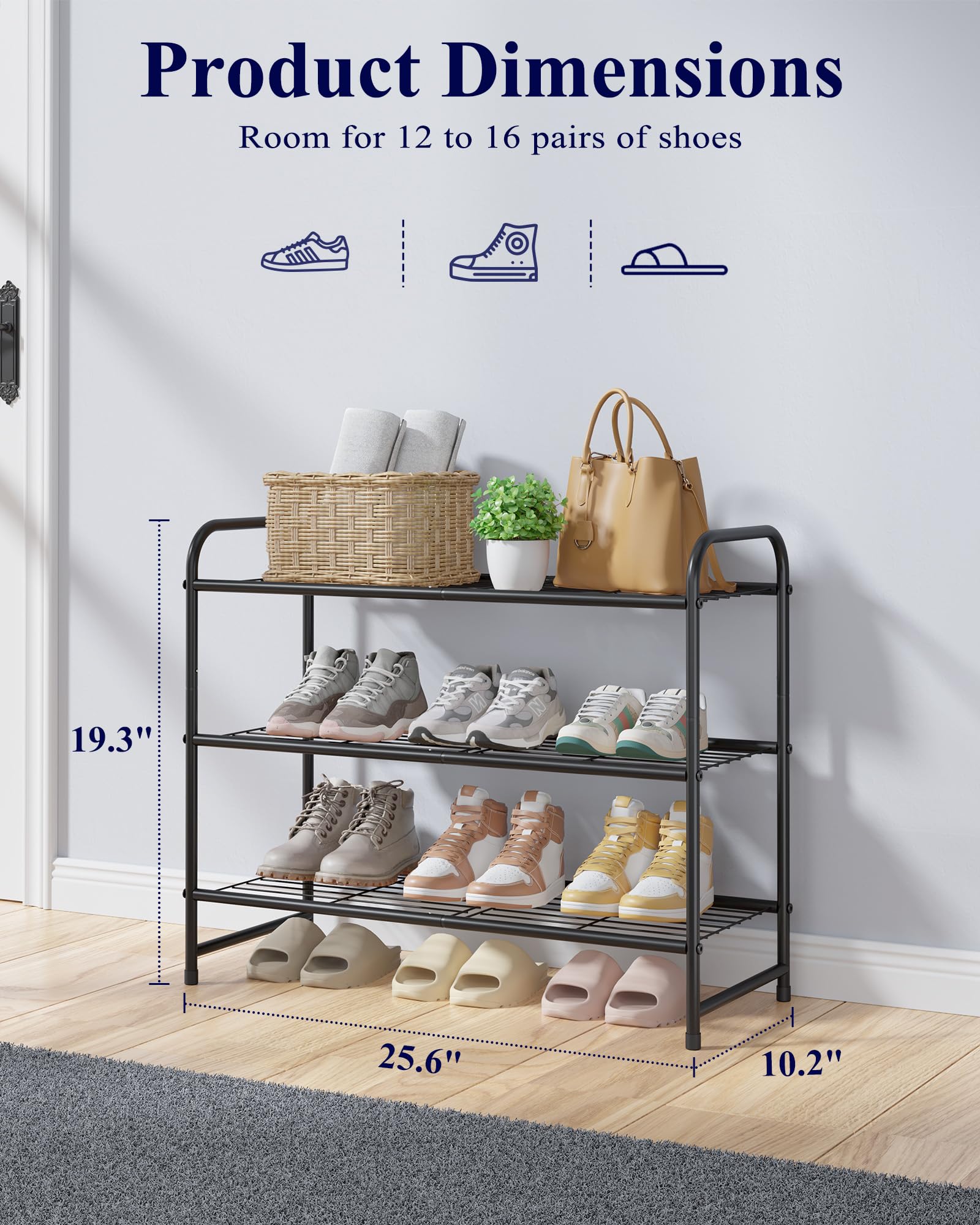 Best Wire Shoe Rack Picks for 2026 1 Kitsure Stainless Steel Shoe Rack Organizer, 25.6' Wide - 3 Tier, Black — product photo