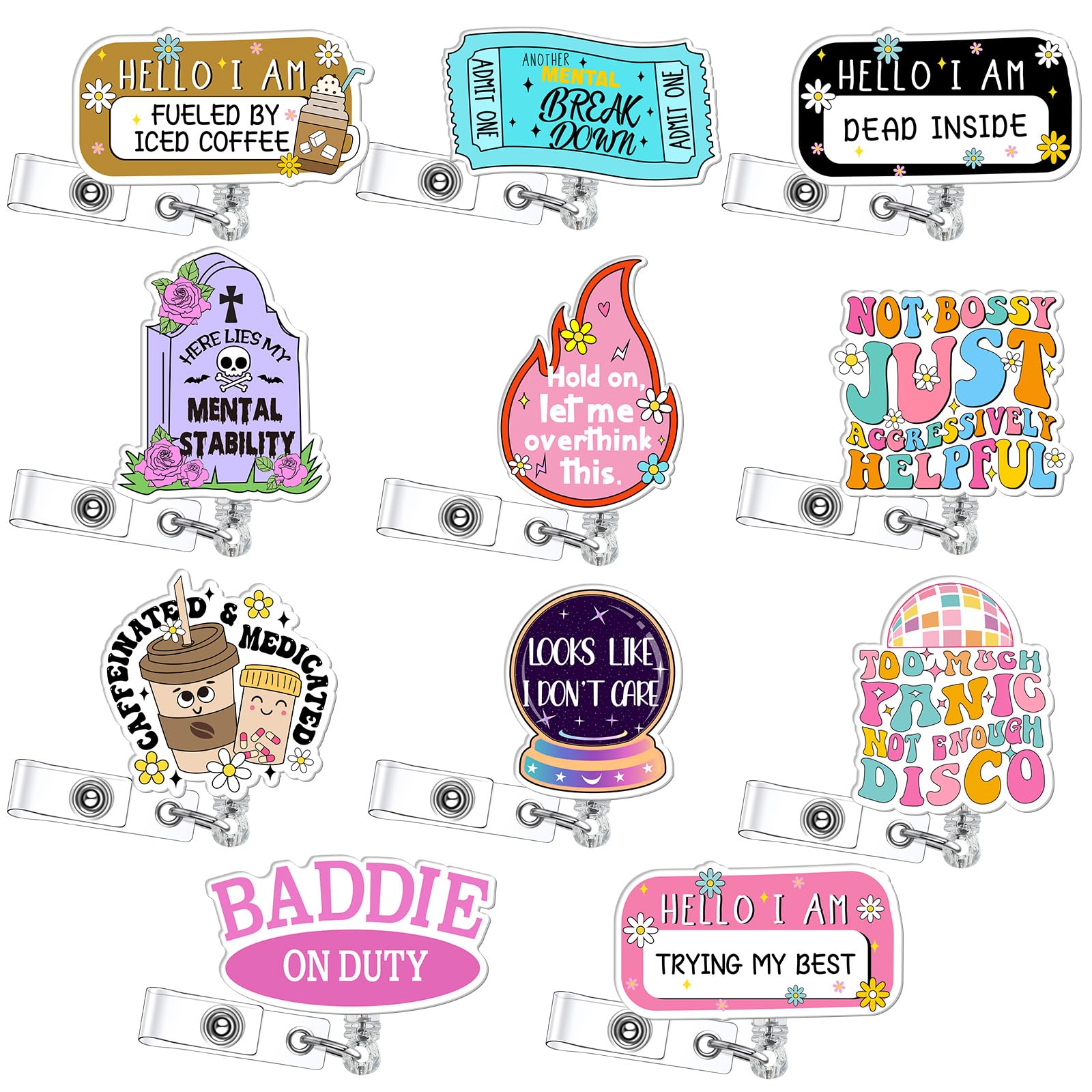 Yunlly 12 Pcs Funny Badge Reel Nurse Badge Reel Holder Retractable ID Clips for Doctor Student Men Women Office Nurses Lanyard Supplies Accessories