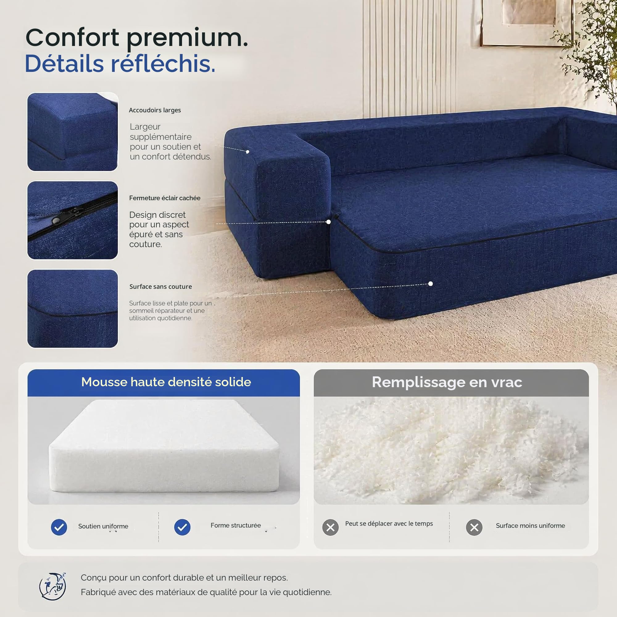ANONER Canapé Lit Pliable 2 Places, Bleu Foncé | Canapé lit 2 en 1, mousse haute densité monobloc, hauteur assise 25cm, housse amovible, 190x137cm, salon et chambre