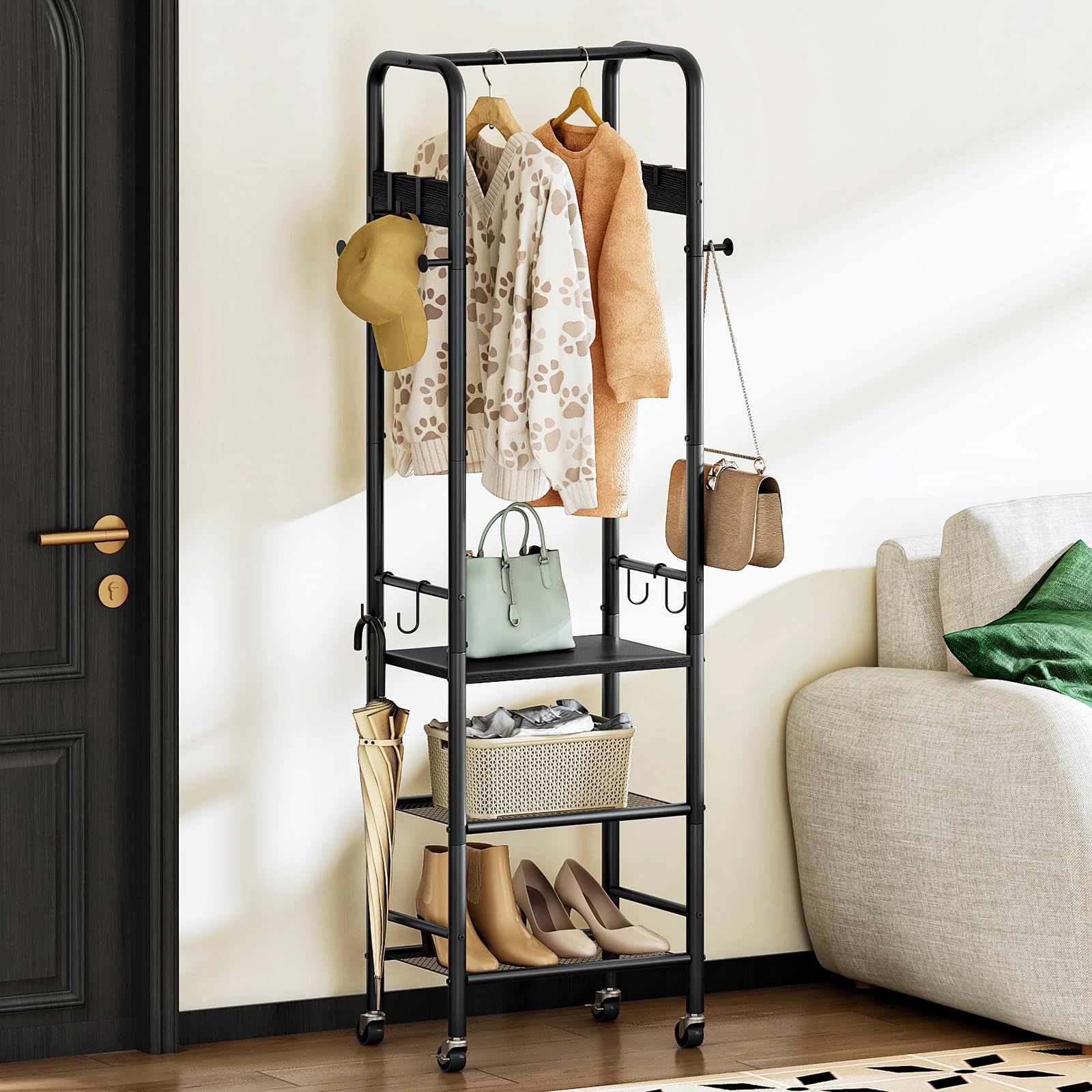 CHOEZON Coat Rack, Freestanding Coat Rack with 3 Shelves, Rolling Garment Rack with Wheels and Hooks, Coat Hanger Stand, Clothes Rack, Hanging Rod,