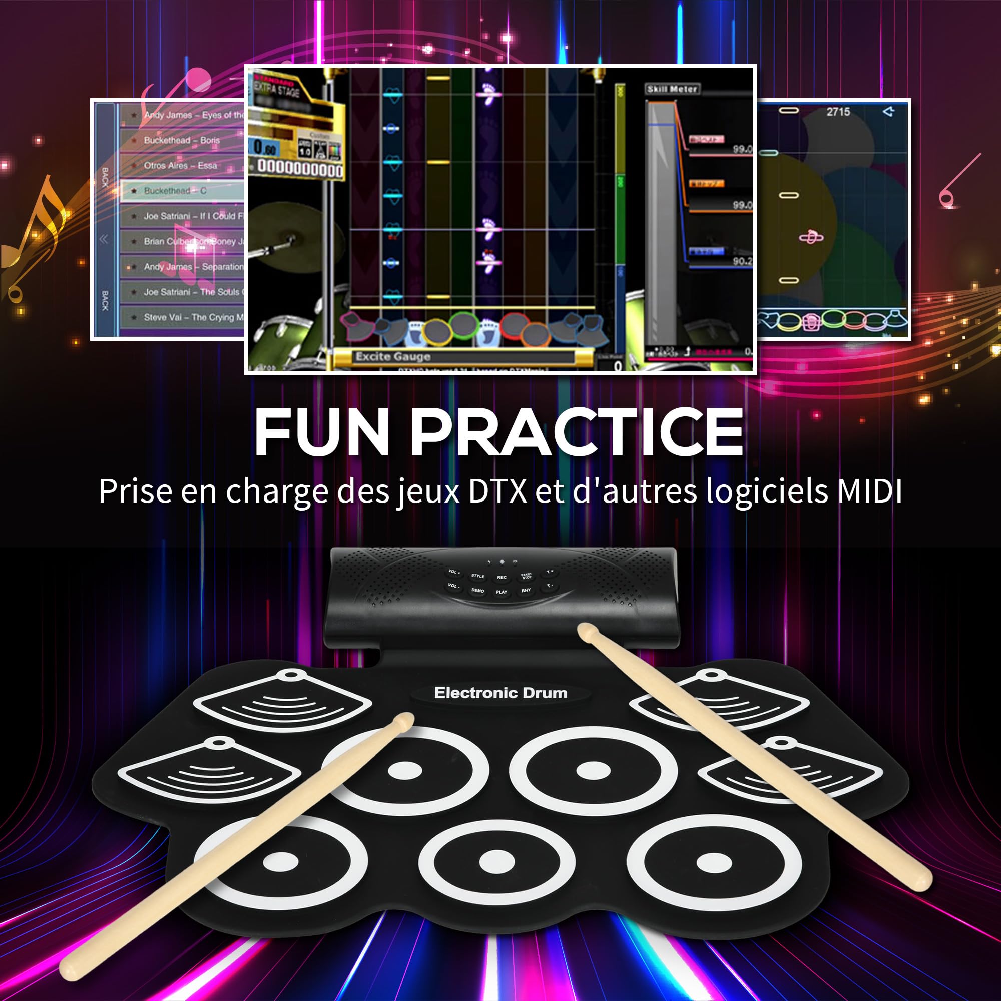 SPORTNOW Batterie électronique drum set, kit de batterie électrique, avec 9 pads, pédales et baguettes de tambour, deux haut-parleurs stéréo, pour enfants adultes débutants, silicone, blanc et noir