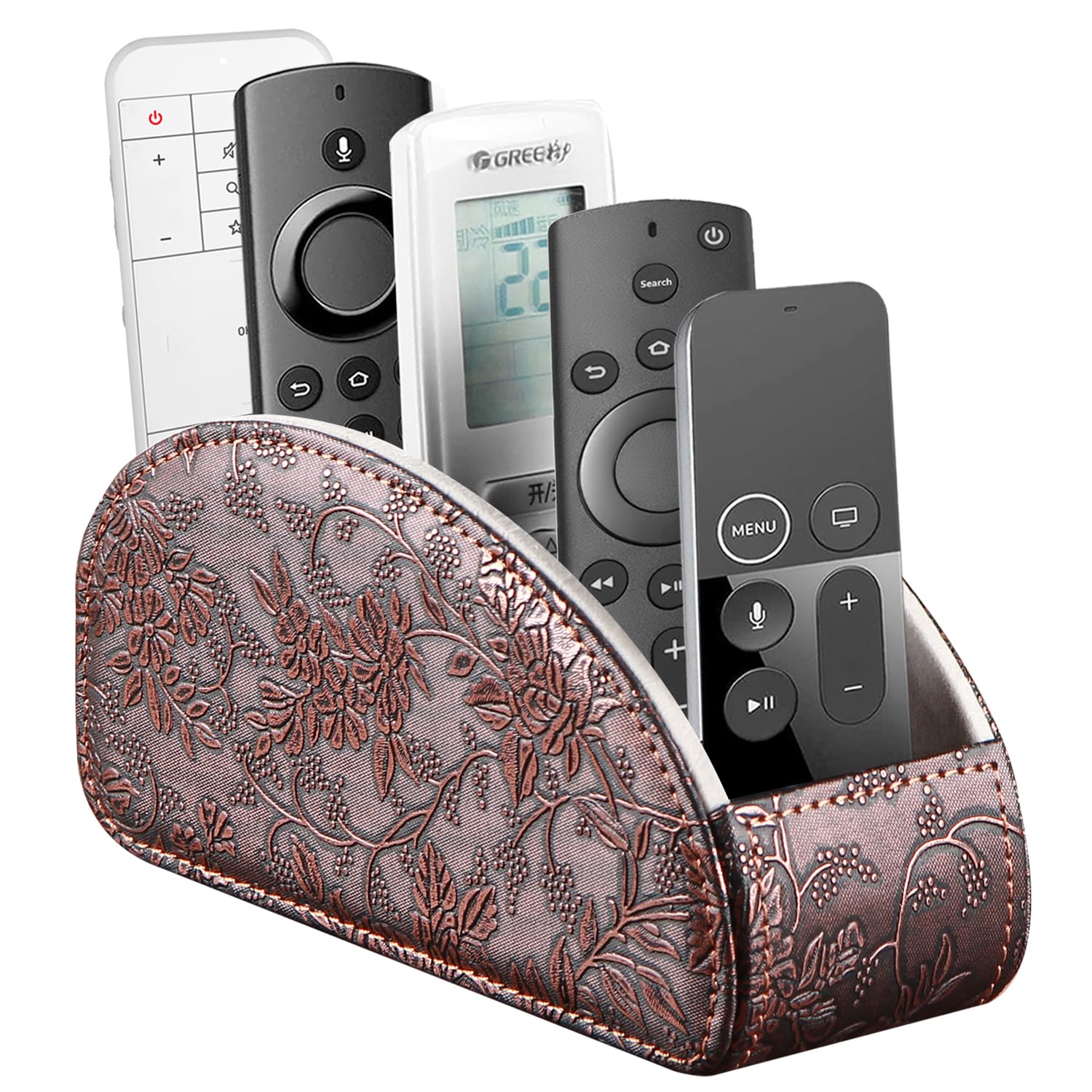 YAPISHI All-in-One Leather Brown TV Remote Holder with 5 Compartments Nightstand Desktop Media Player Remote Caddy Storage Box Organizer Tray for