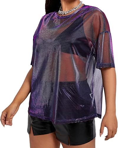 Miniatura 3 de Kyerivs Camiseta de malla metálica, talla grande, manga corta, transparente, blusa para concierto, traje de rave para mujer
