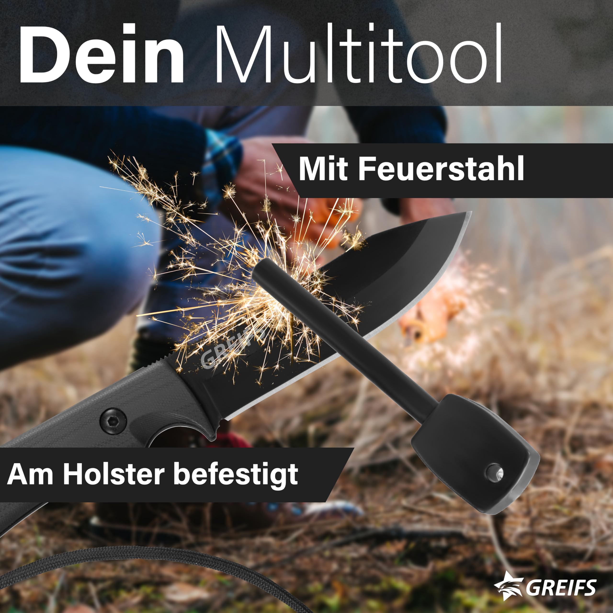 GREIFS® Outdoor-Messer aus D2 Stahl mit Kydex Holster und Feuerstahl, edles Survival Messer für die Bushcraft Ausrüstung, Jagdmesser, Schnitzmesser, Fahrtenmesser (Milan/Schwarz)