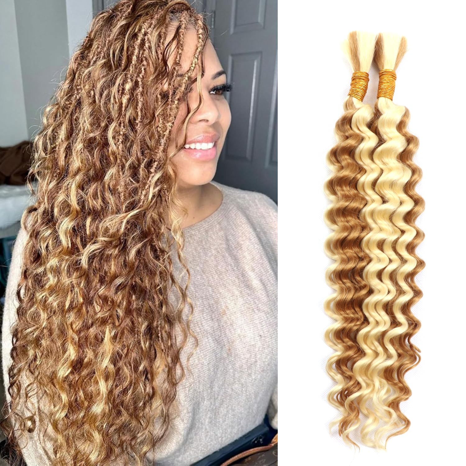 16 Inch Human Braiding Hair for Boho Braids Human Hair Extensions 100g No Weft Wet And Wavy Curly Deep Wave Bulk Human Hair for Knotless Braids (P27/613#