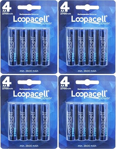 Loopacell Paquete de 16 baterías recargables AA 2700mAh Ni-MH con almacenamiento de batería