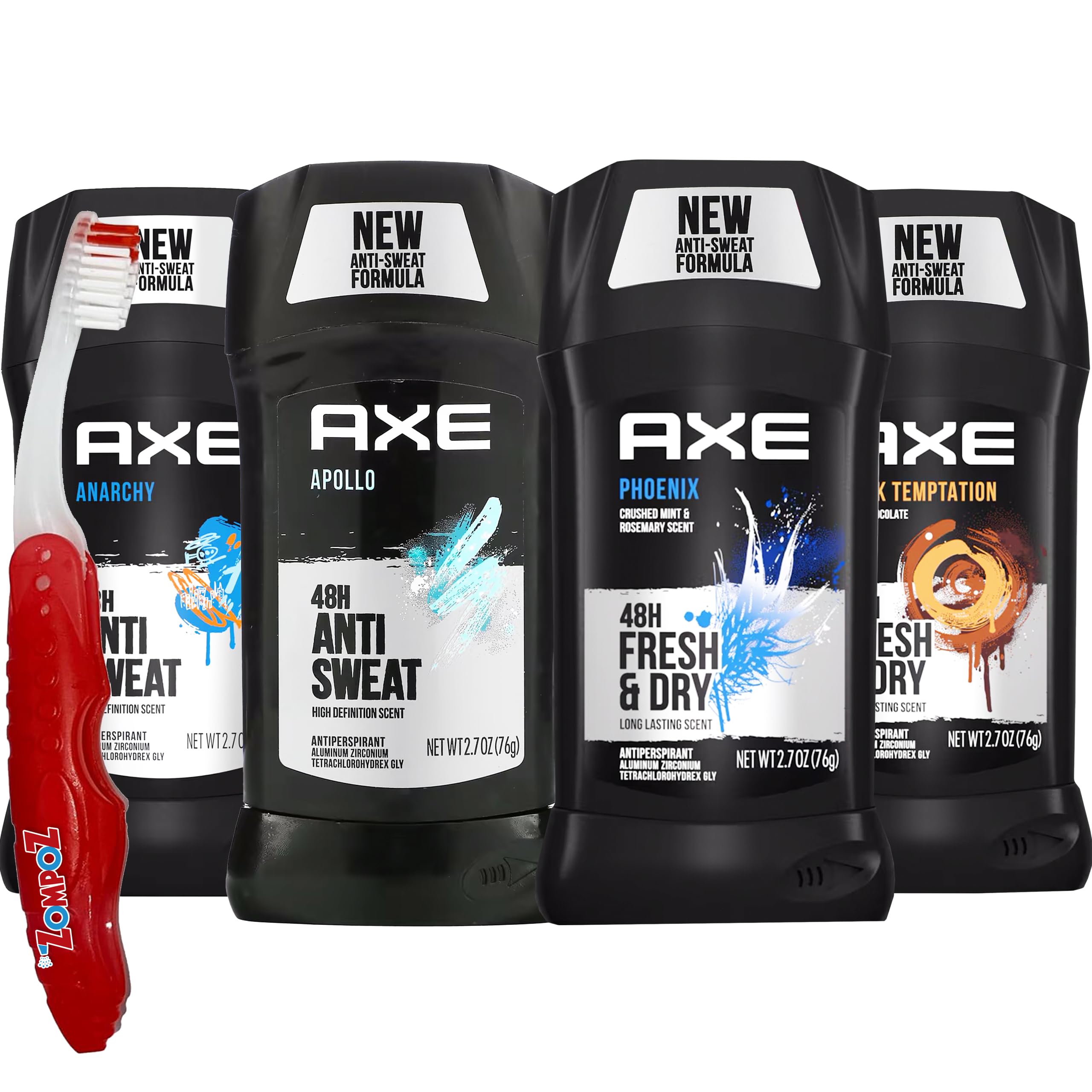 Variety Deodorant for Men, Pack of 4 Men's antiperspirant Stick Assortment, Includes Dark Temptation, Phoenix, Anarchy, and Apollo, 48 Hours Protection, 2.7 oz. Each Plus Zompo-Z Travel Toothbrush
