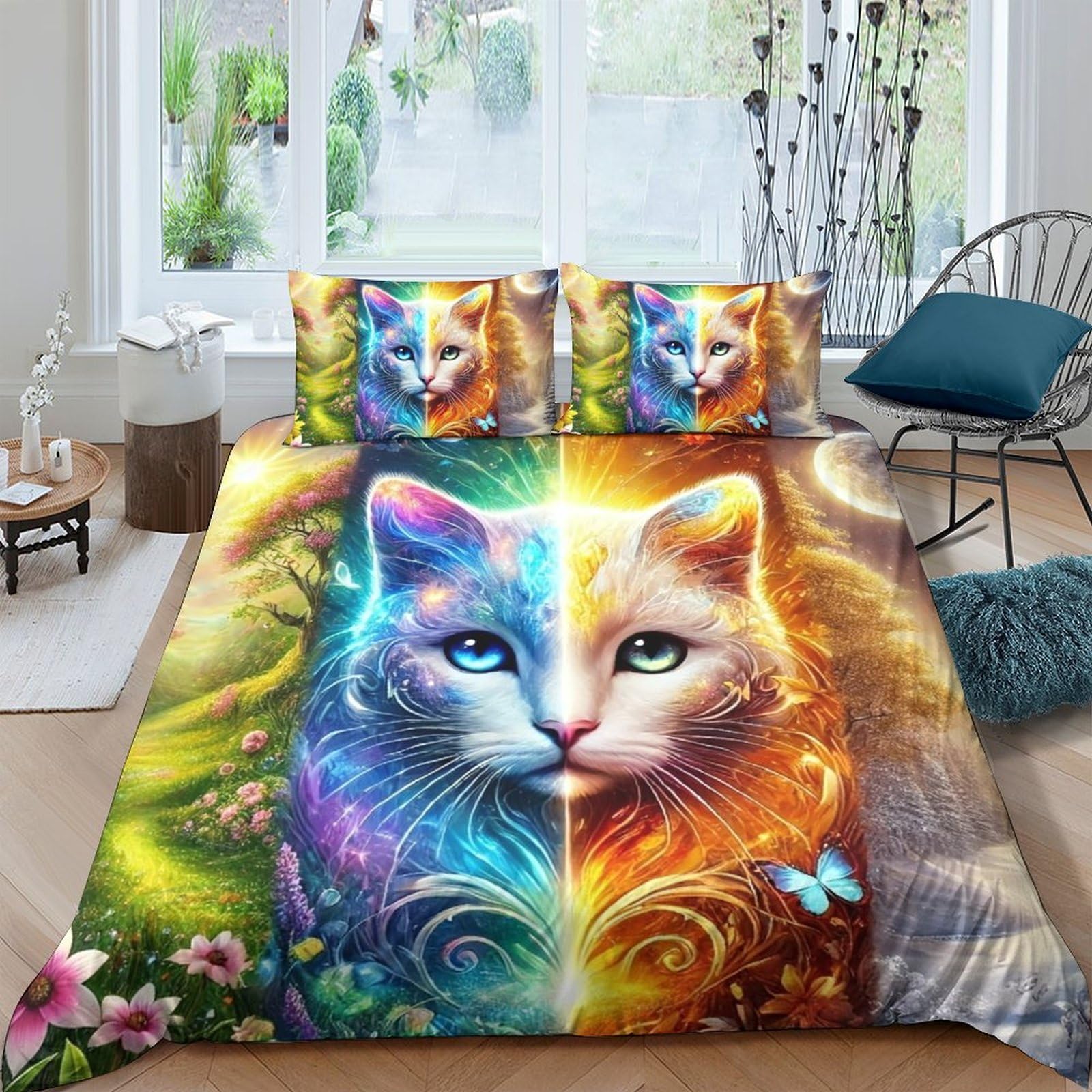 Tyuiopasdfg Colorful-9 Art Lover Colorful Cat Duvet Cover Set Microfiber 3 Piece Bedding Set Artistic Cat Soft Comfort Single（135X200cm）