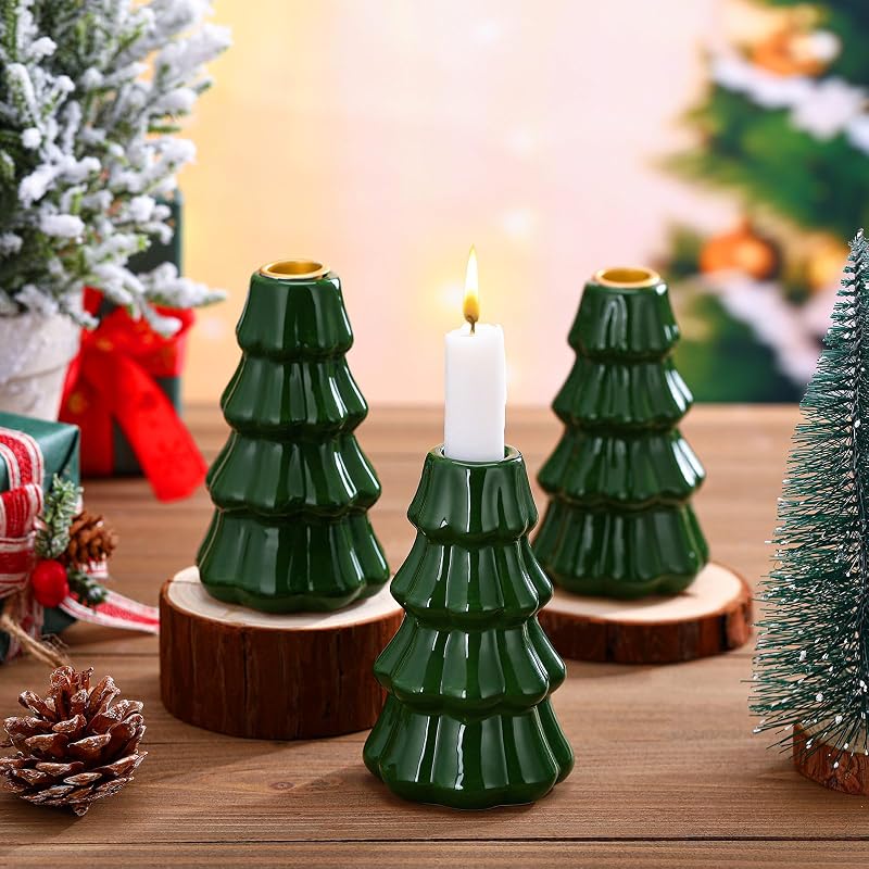 Mumufy 3 Piezas Portavelas de Cerámica para Árbol de Navidad Decoración de Mesa de Árbol de Navidad Verde Candelabro Cónico de Porcelana Decorativo Vintage para Vacaciones de Invierno Granja Chimenea Centro de Mesa