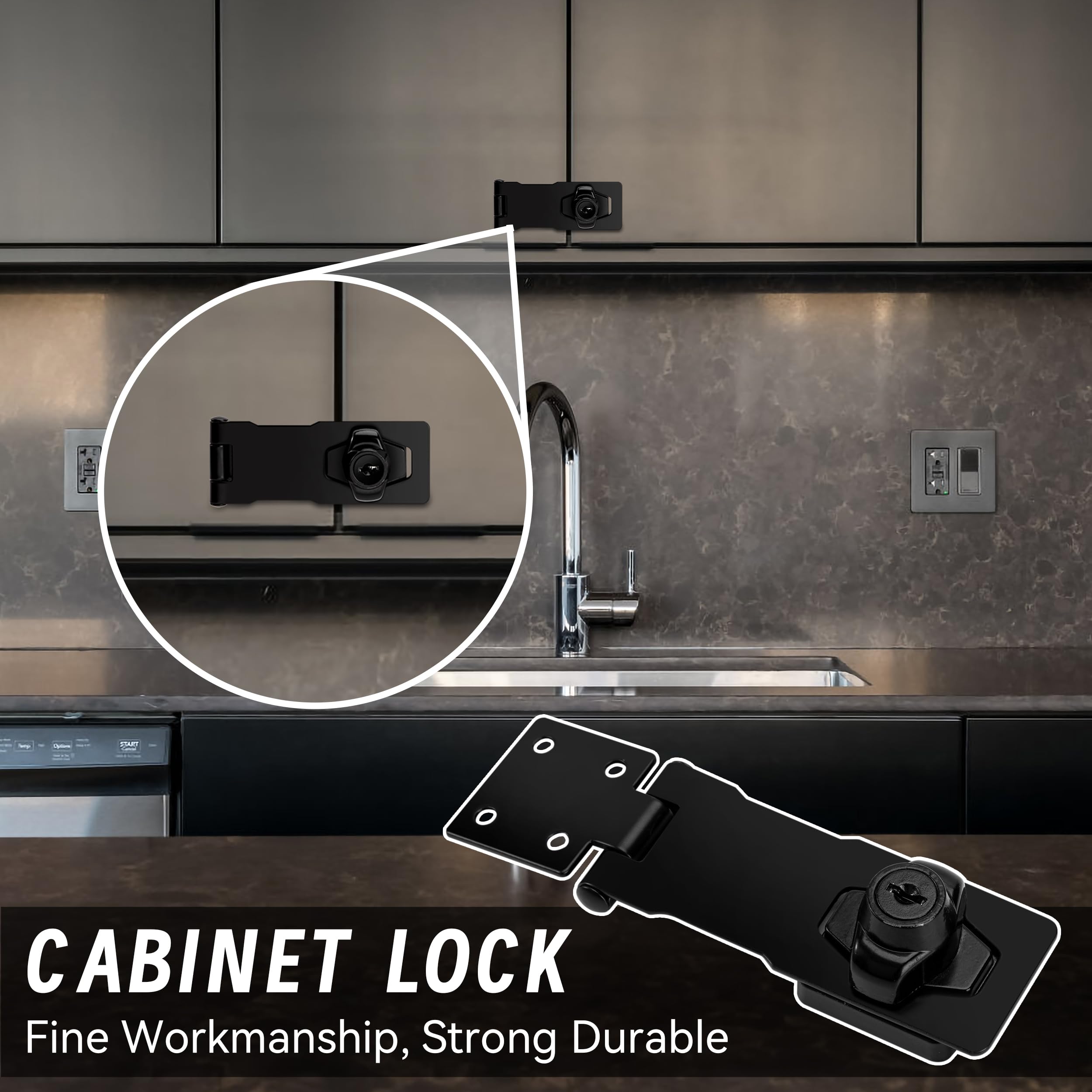Hasp Serratura in Metallo 2 Pezzi, Lucchetto in Acciaio Inox Chiavistello con Viti e Chiavi, per Porta Armadietti Cassetti Cancelli e Mobili (Nero)