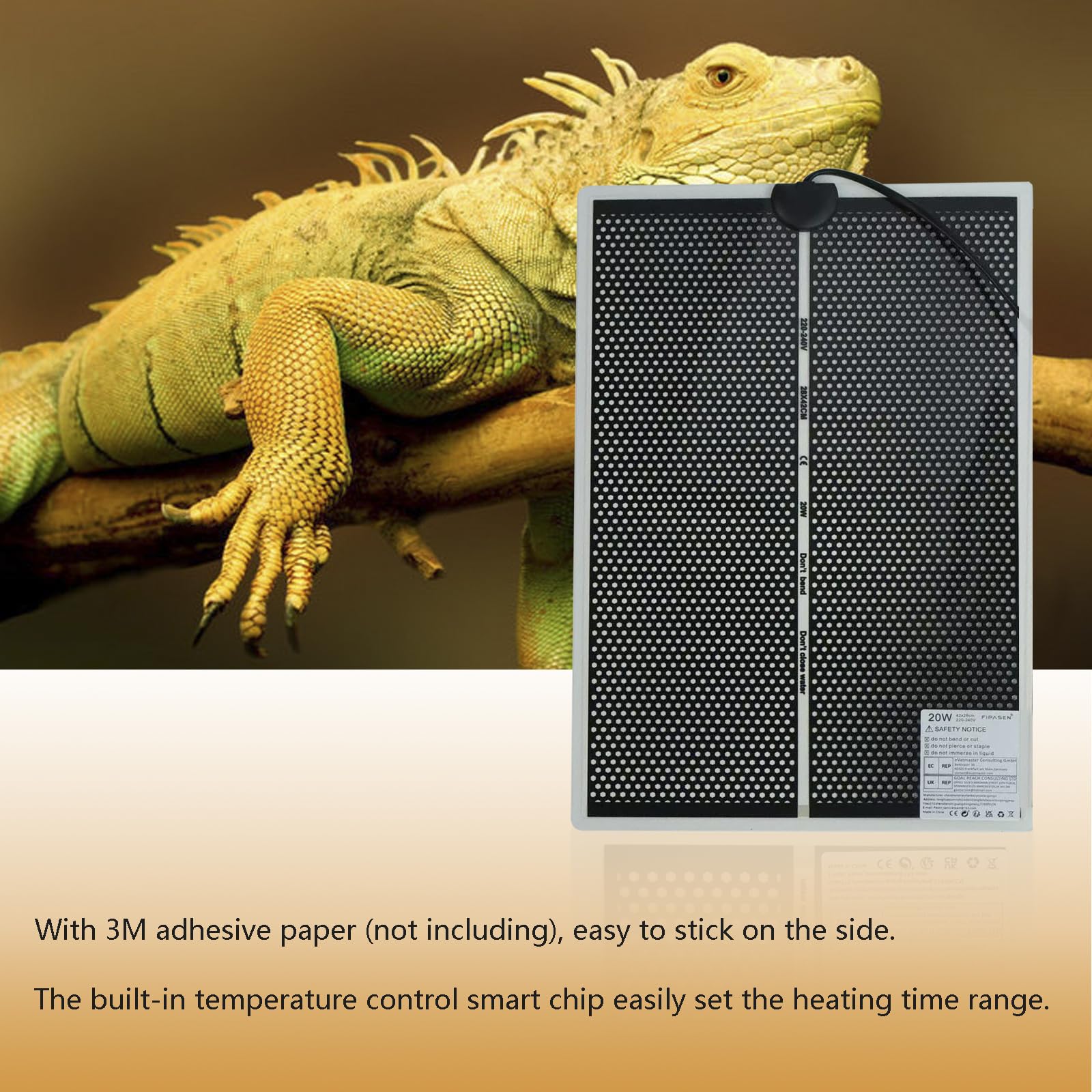 Manta Calefactora para Reptiles, Tapetes Térmicos Terrarios con 7 Botones de Ajuste de Temperatura para Serpientes, Lagartos, Geckos, Arañas - Almohadilla Térmica para Reptiles (20W, 42x28CM)