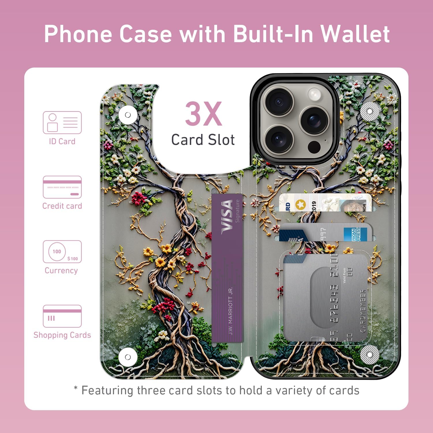FUNMIKO for iPhone 14 Pro Wallet Case with Card Holder + Cash Clip, RFID-Blocking, Military-Grade Drop Protection & UV-Printed Artwork, Magnetic Closure with Leather Kickstand - Blooming Tree of Life - Image 2