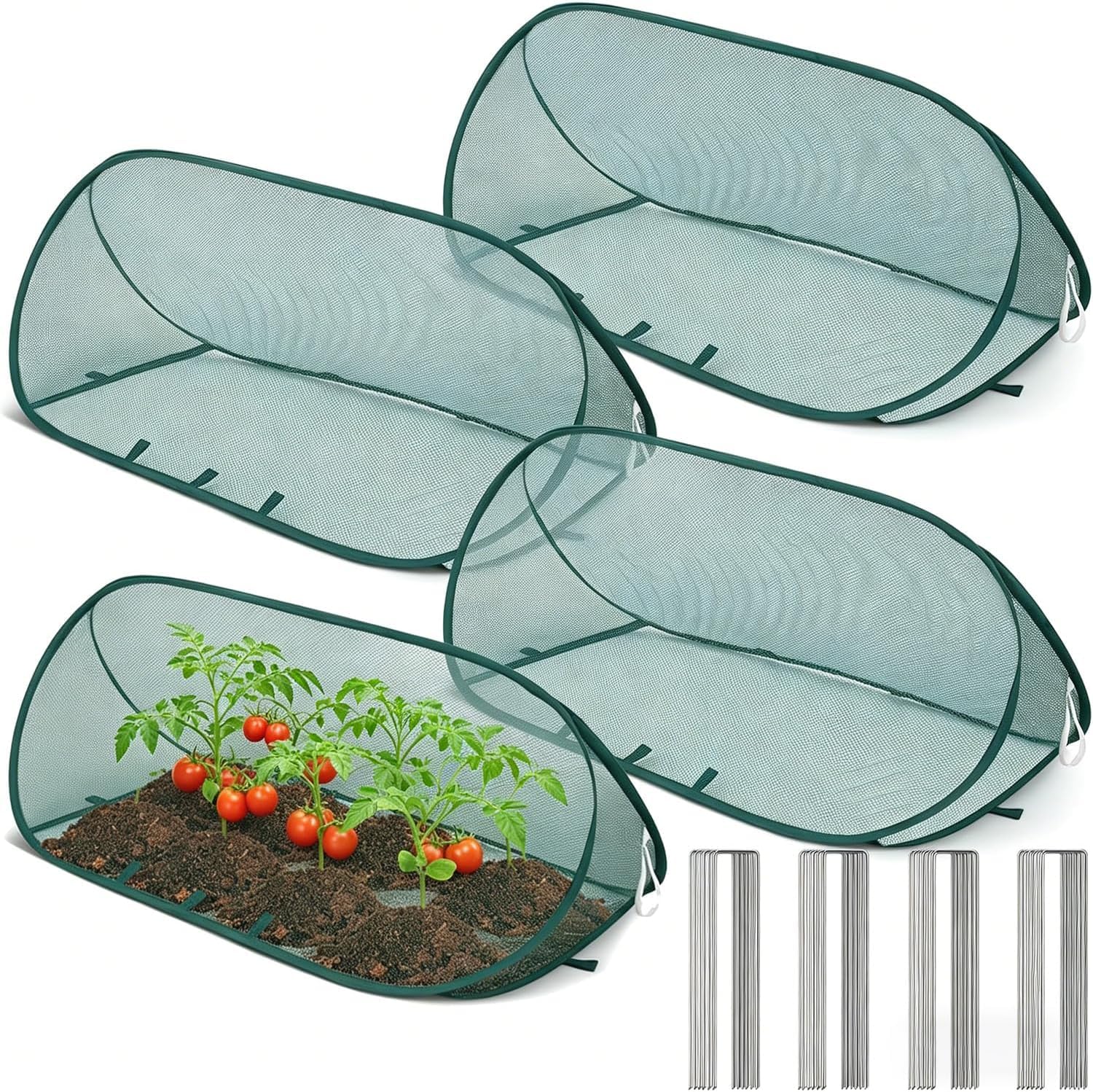 Pop Up Mesh Plant Cover, Foldable Garden Fruit Cages, Portable Plant Protection Tent with 12 Ground Pegs, Garden Insect Netting for Vegetable Strawberry Flower (4, Green)