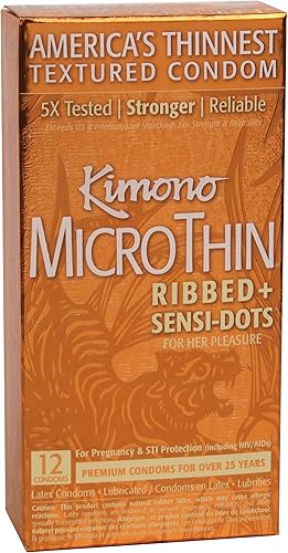Kimono MicroThin - Paquete de 12 preservativos lubricados texturizados, ajuste cómodo, látex natural, apto para veganos, sin olor a látex,