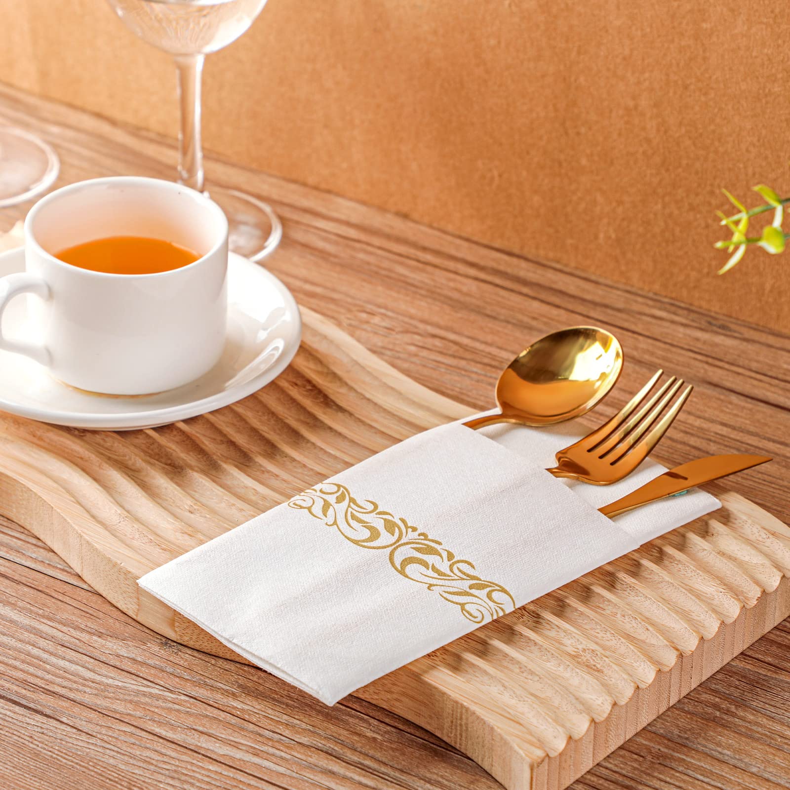 WILLBOND 120 Pcs Disposable Linen Feel Dinner Napkins with Built-in Flatware Pocket Disposable Cloth Like Napkins Absorbent Paper Napkins for Parties Weddings Dinners or Events(White, Gold,Elegant)