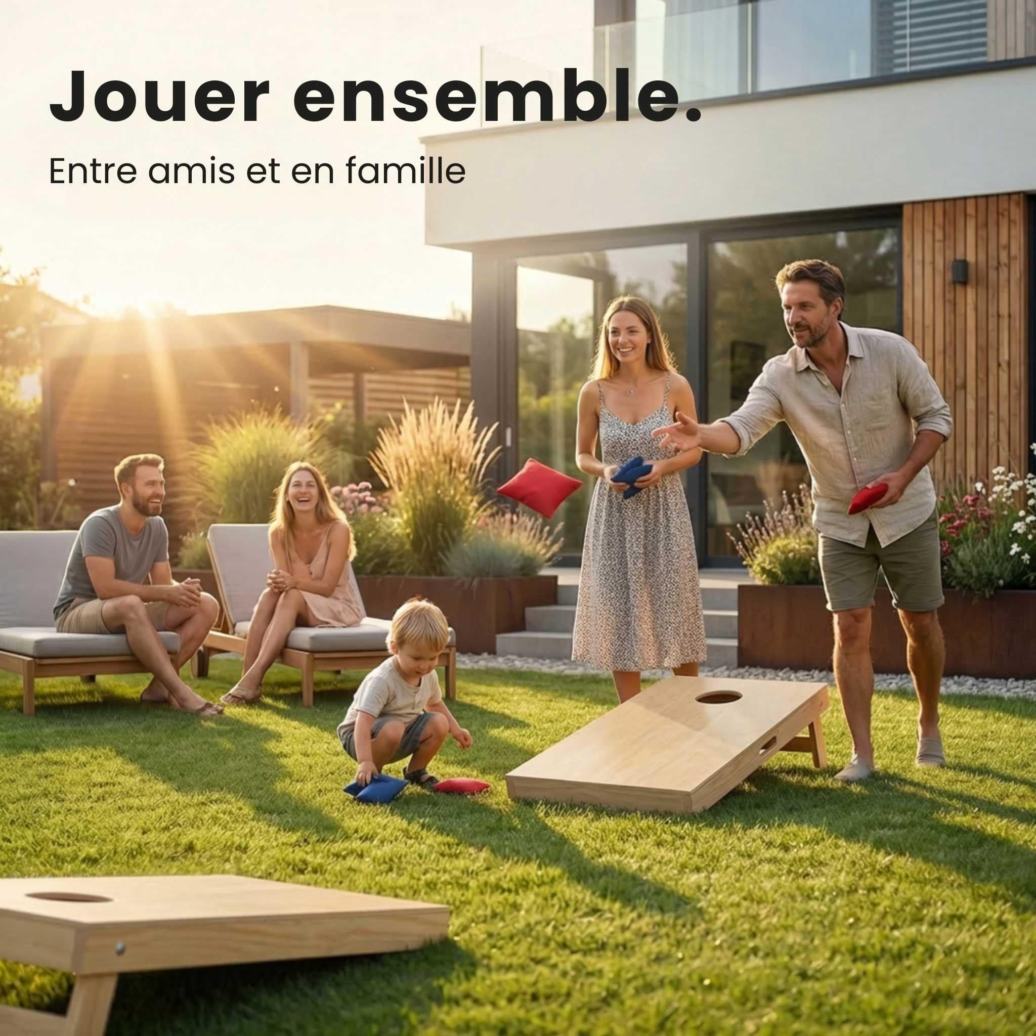 Cornhole - Set Complet Officiel en Bois avec 2 Planches, 8 Sacs & Housse - Jeu de Lancer extérieur pour Adultes & Enfants - Idéal Jardin & Plage