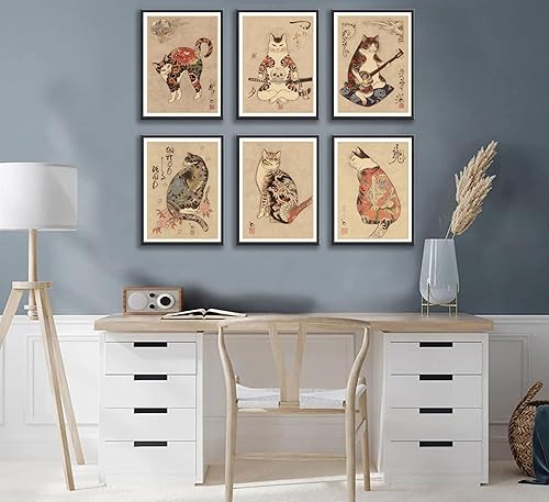 Miniatura 3 de 6 piezas de arte de pared de gato samurái japonés de carteles de decoración de bushido de Japón, pinturas de Kung Fu tatuajes divertidos de fantasía
