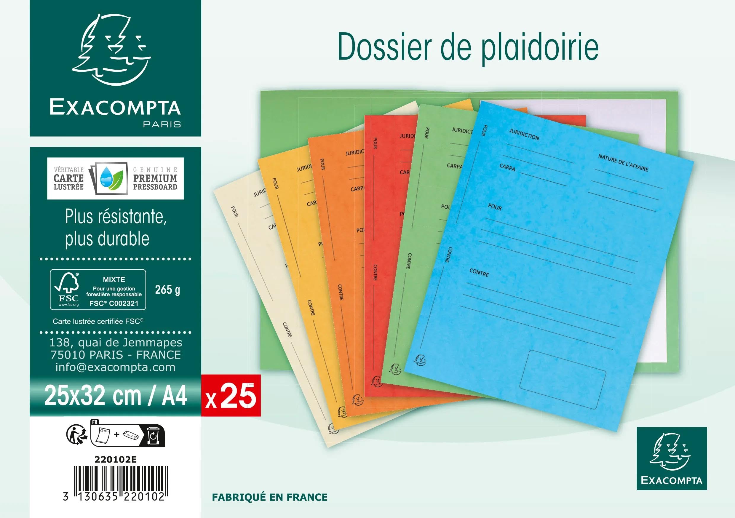 Exacompta - Rif. 220102E - Cartone da 5 confezioni da 25 cartelle di difesa "Per/Contro", in carta lucida, dimensioni 25 x 32 cm, per documenti in formato A4, colore turchese