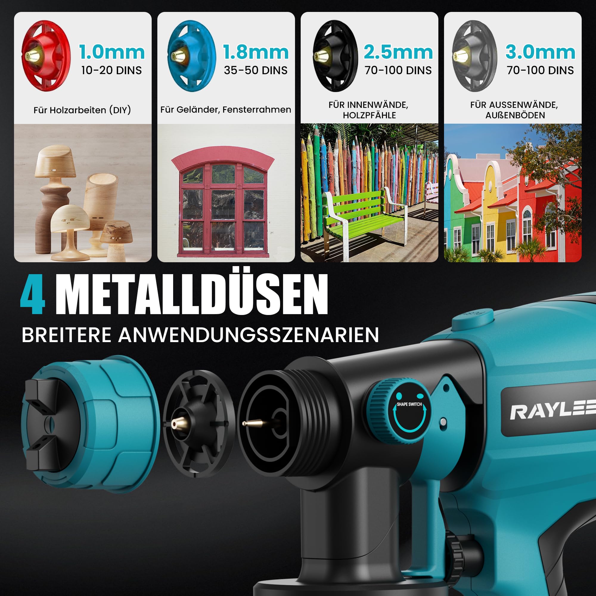 Akku-Farbpistole kompatibel mit Makita Akku 18V, Farbsprühsystem 1000 ml/min, 800-ml-Behälter mit 4 Düsen (1/1,5/2,0/2,5 mm), Akku-sprühpistole für Wände, Möbel, Farbe