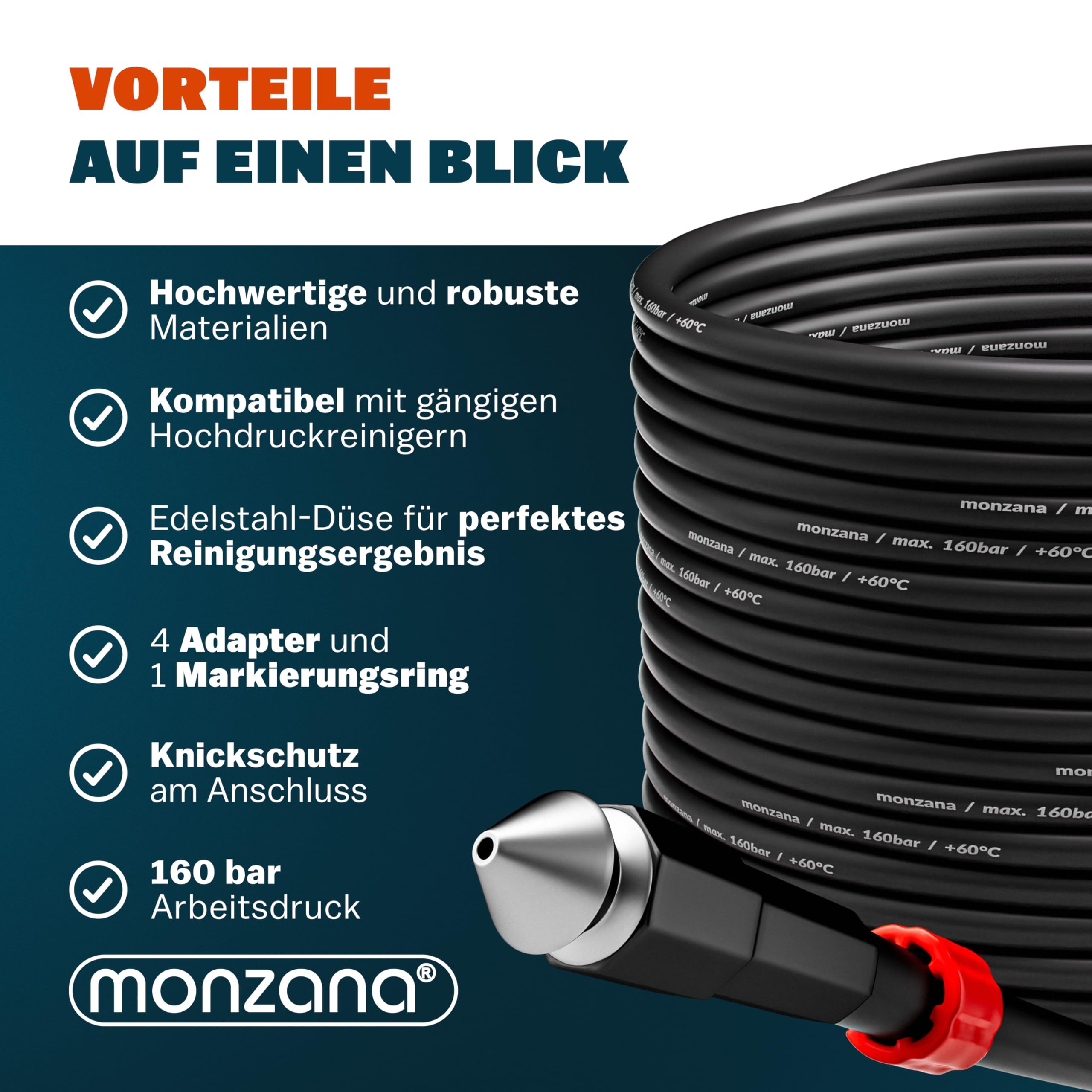 DEUBA® Rohrreinigungsschlauch 15m 160 Bar 4 Adapter Hochdruckreiniger Kärcher K2 K3 K4 K5 K6 K7 Rohrreinigungsset Abflussreiniger Rohrreiniger Schlauch