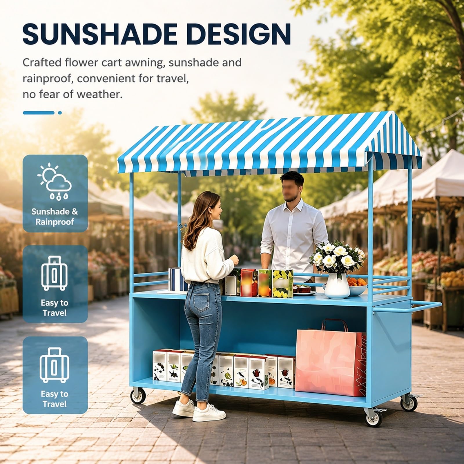 Tragbarer Verkaufswagen mit überdachung, Mobiler Imbisswagen Marktständer Stall, Verkäufer-Dessertstand for Markt, Straßenessen und Veranstaltungen(Blue)