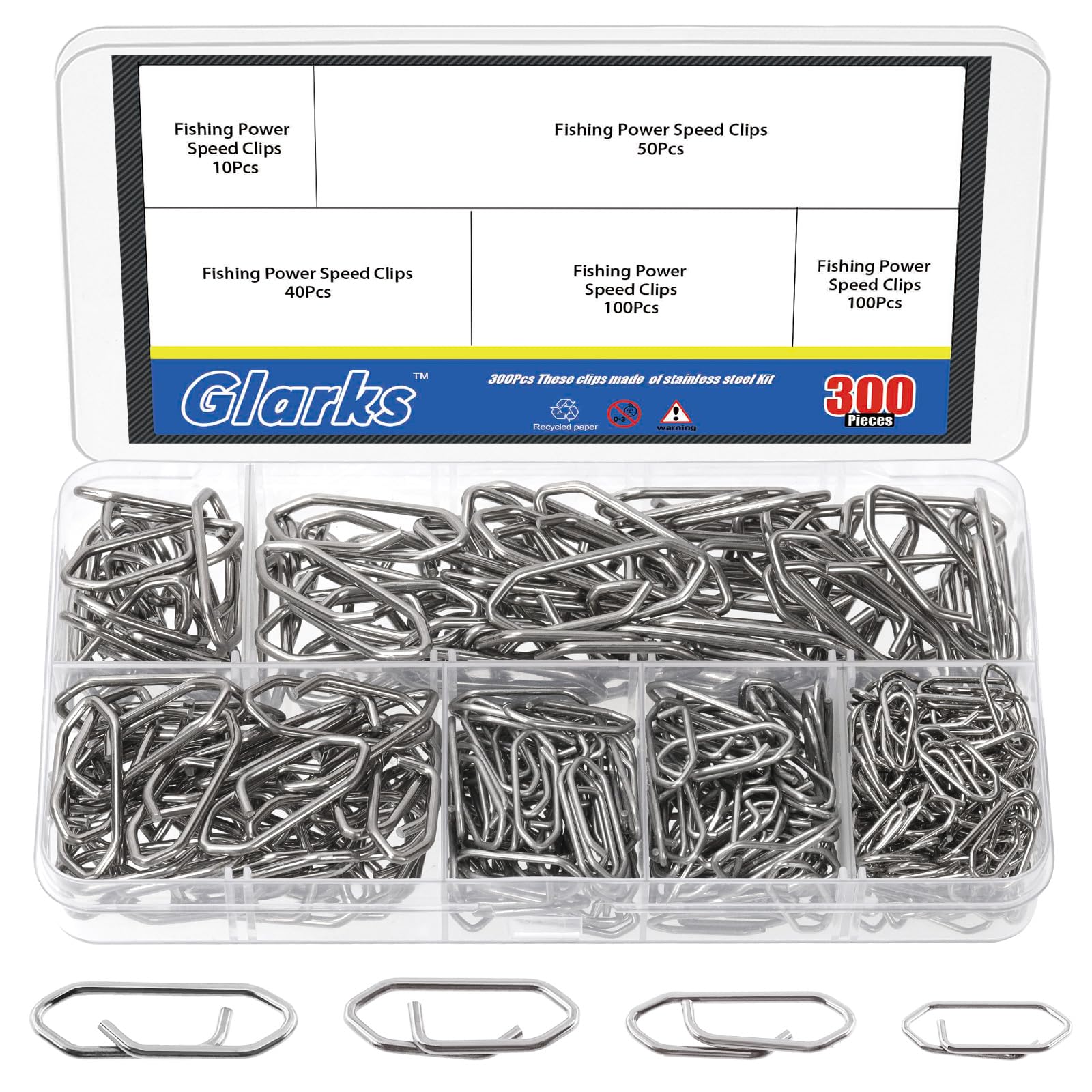 Glarks 300pcs Silver Fishing Power Speed Clips, 4 Size Speed Clip Quick Change Fast Link Fishing Snap, Strength Stainless Steel Speed Clip for Fishing Lure Quick Change