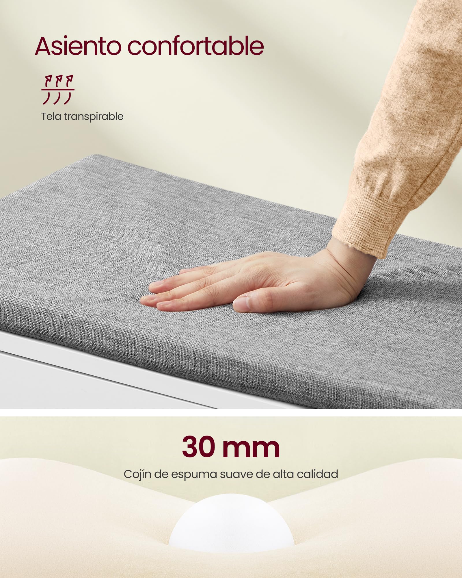 VASAGLE Banco Zapatero de 3 Niveles, con Puertas y Cojín, Estantes Ajustables, 35,5 x 101 x 52,5 cm, para Entrada, Dormitorio, Blanco Nube y Gris Paloma LSB044W01