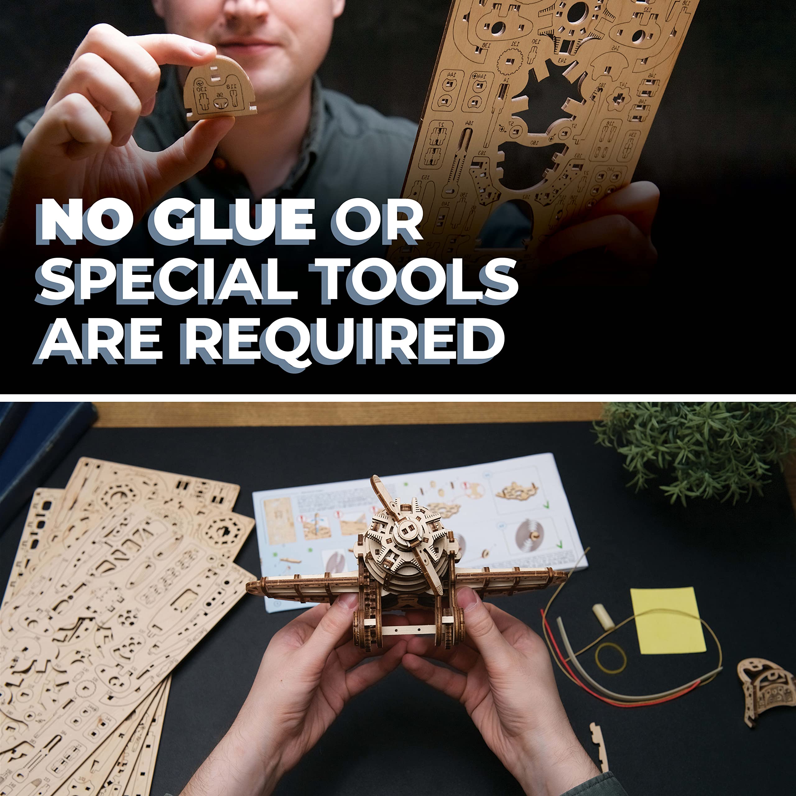 UGEARS Mächtiges Holzbausatz Flugzeug Modell - Flugzeug Verrückte Hornisse - 1930er Rennen Modellbausatz 3D Puzzle - 3D Holzpuzzle Erwachsene - DIY Retro Airplane mit Schraubenfedermotor