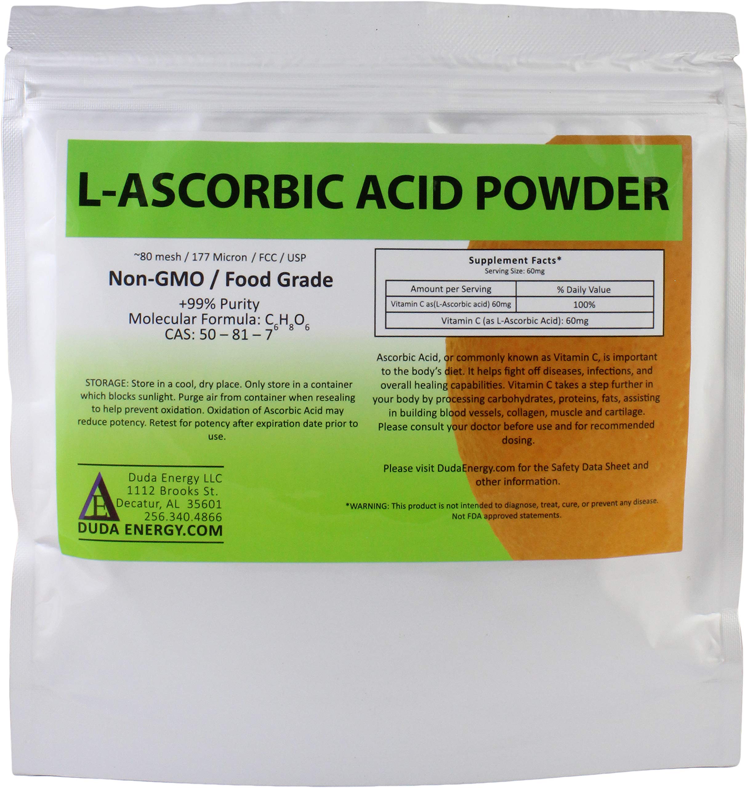 Duda Energy asc2 Bag of L-Ascorbic Acid Powder, 2 lb., 99+% Food Grade USP36/BP2012 Naturally Fermented Pure White Crystals Form of Vitamin C — Amazon image 3