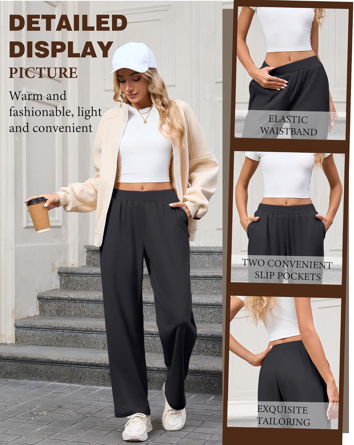 3 Pack Women's Fleece Lined Sweatpants, Wide Leg Baggy Pants Lounge Yoga Pants Loose Winter Joggers with Pockets - Image 4