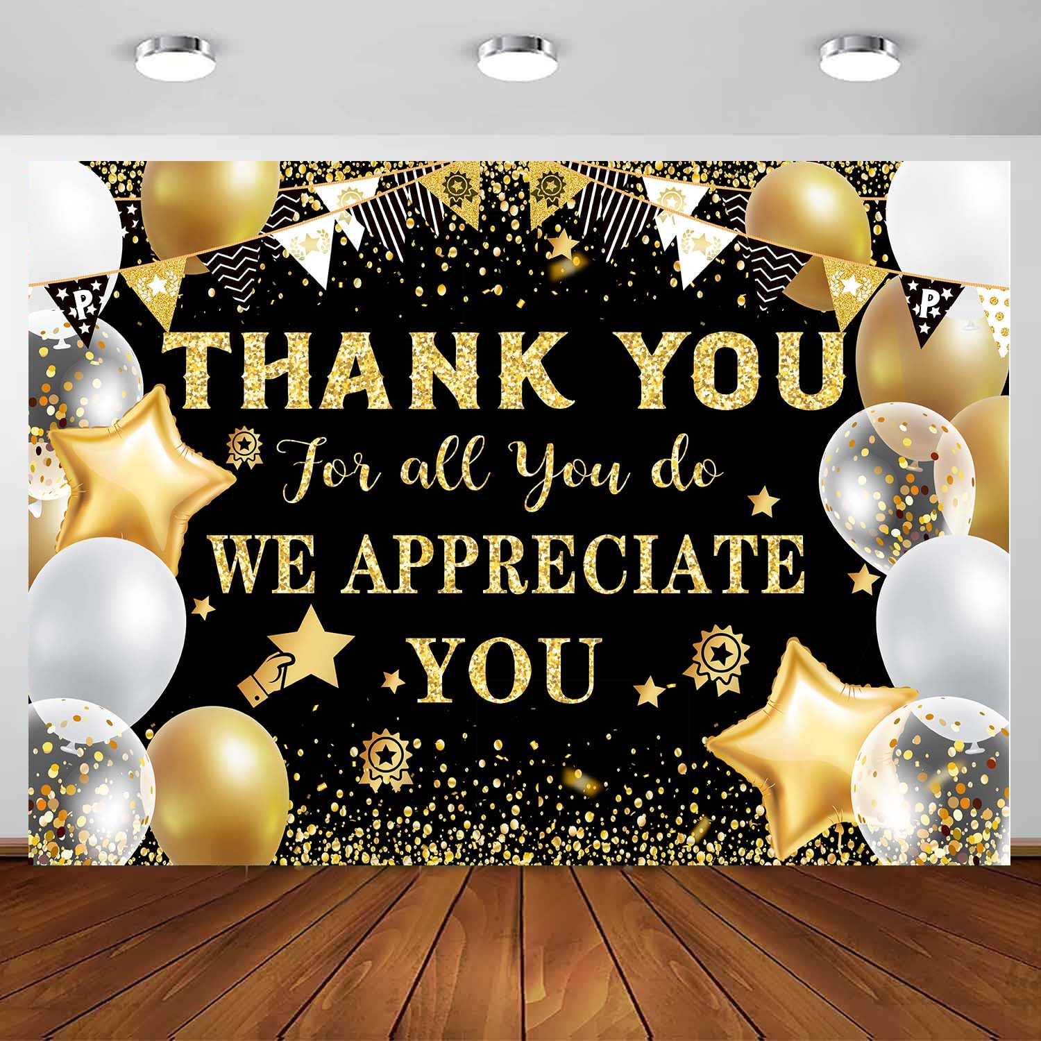 We Appreciate You Backdrop, Thank You for All You Do Photo Banner, 12 x 10 ft Black Golden Glitter Employee Recognition Backdrop Graduation Nurse